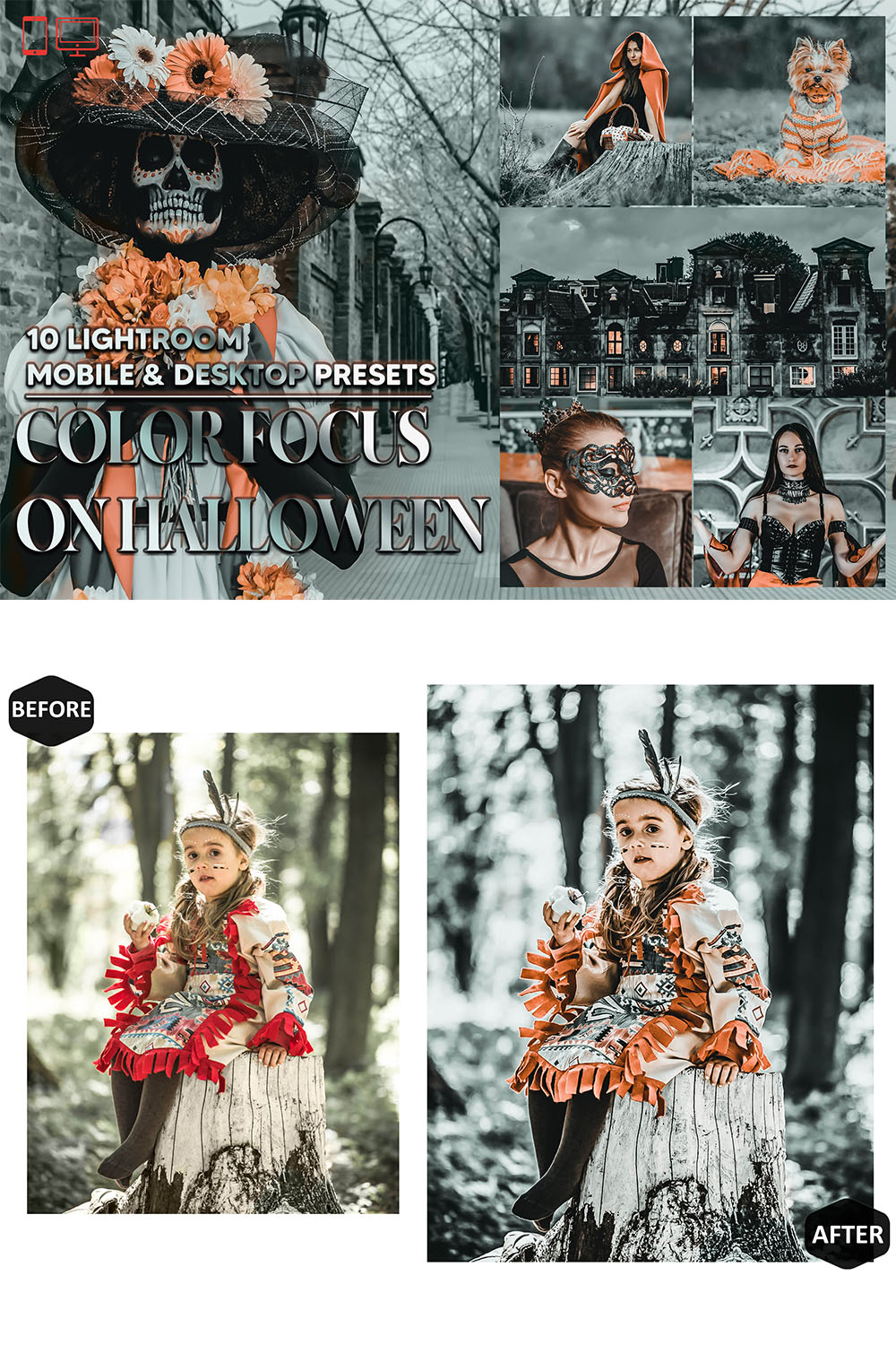 10 Color Focus On Halloween Lightroom Presets, Fall Preset, Selective Orange Desktop LR Filter DNG Lifestyle Theme For Blogger Instagram pinterest preview image.