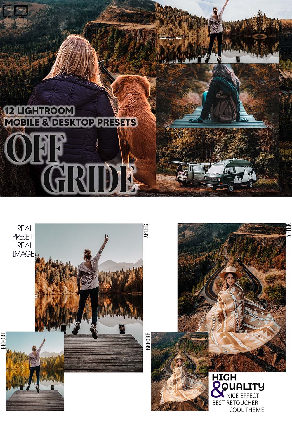 12 Off Gride Lightroom Presets, Moody Mobile Preset, Nature Desktop, Lifestyle Portrait Theme Instagram LR Filter DNG Travel Mood Outdoor pinterest preview image.