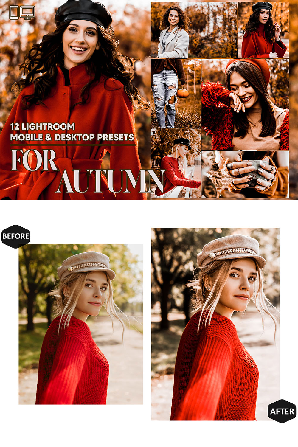 12 For Autumn Lightroom Presets, Girly Mobile Preset, Fall Desktop LR Lifestyle DNG Instagram Warm Filter Theme Portrait Season pinterest preview image.