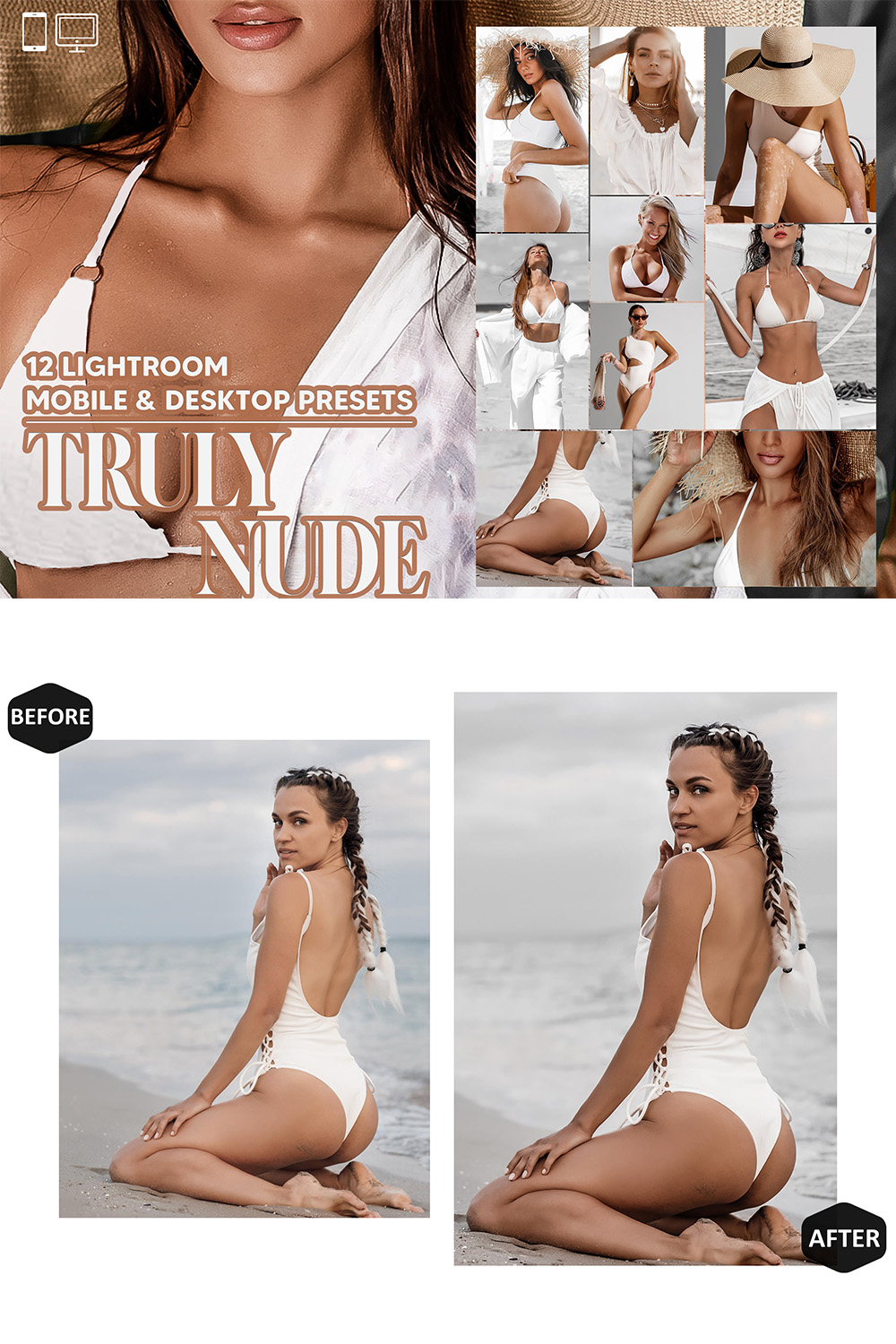 12 Truly Nude Lightroom Presets, White Mobile Preset, Brown Skin Desktop LR Filter DNG Lifestyle Theme For Blogger Portrait Instagram pinterest preview image.