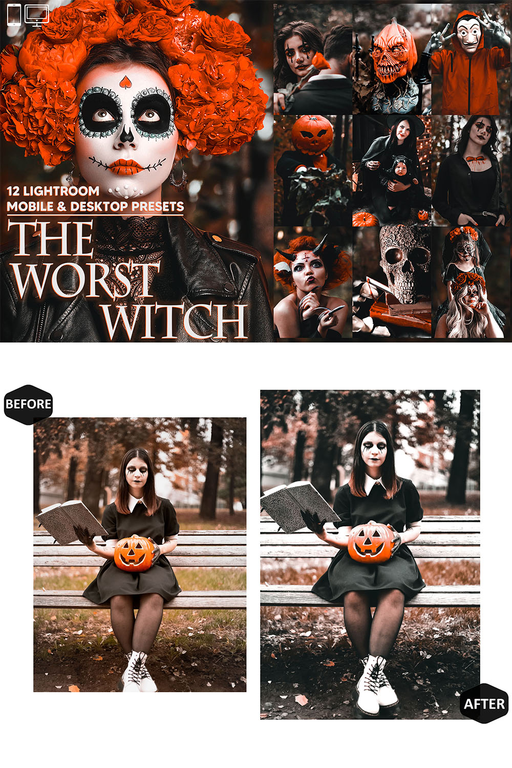 12 The Worst Witch Lightroom Presets, Halloween Mobile Preset, Spooky Vibrant Desktop LR Lifestyle DNG Instagram Moody Filter Theme Portrait pinterest preview image.