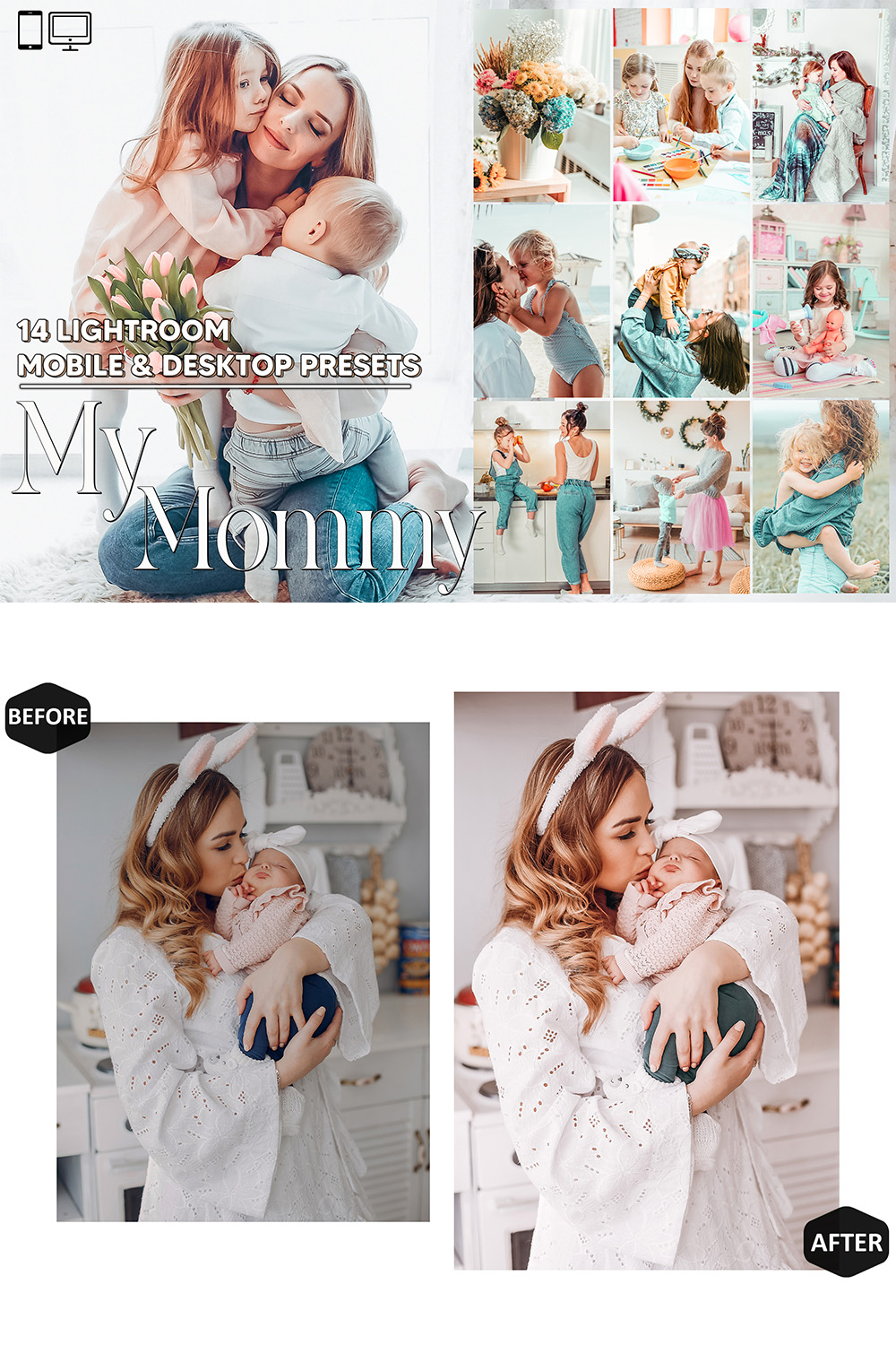 14 My Mommy Lightroom Presets, Pastel Color Mobile Editing, Baby Desktop LR Filter DNG Influencer Instagram Theme, Light Hue, Blogger CC pinterest preview image.