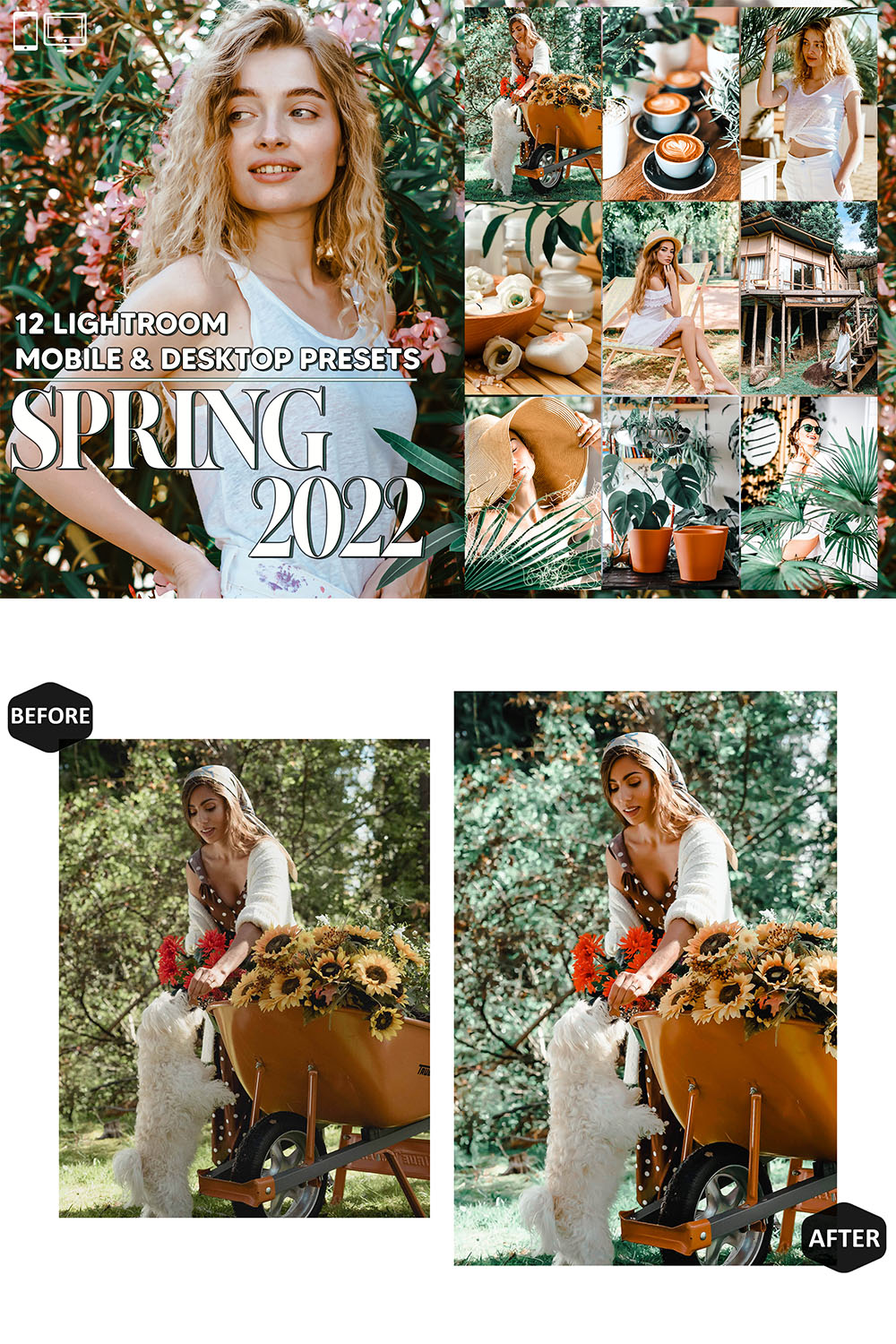 12 Spring 2022 Lightroom Presets, Brown Mobile Preset, Warm Skin Desktop LR Filter DNG Portrait Instagram Theme For Lifestyle, Scheme pinterest preview image.