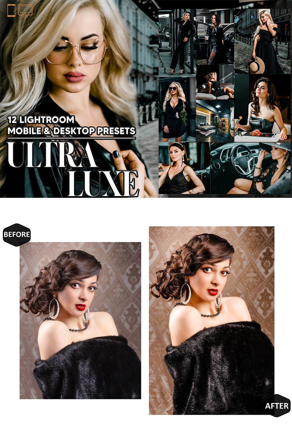 12 Ultra Luxe Lightroom Presets, Luxurious Mobile Preset, Black Luxury Desktop LR Filter Lifestyle Theme For Blogger Portrait Instagram pinterest preview image.