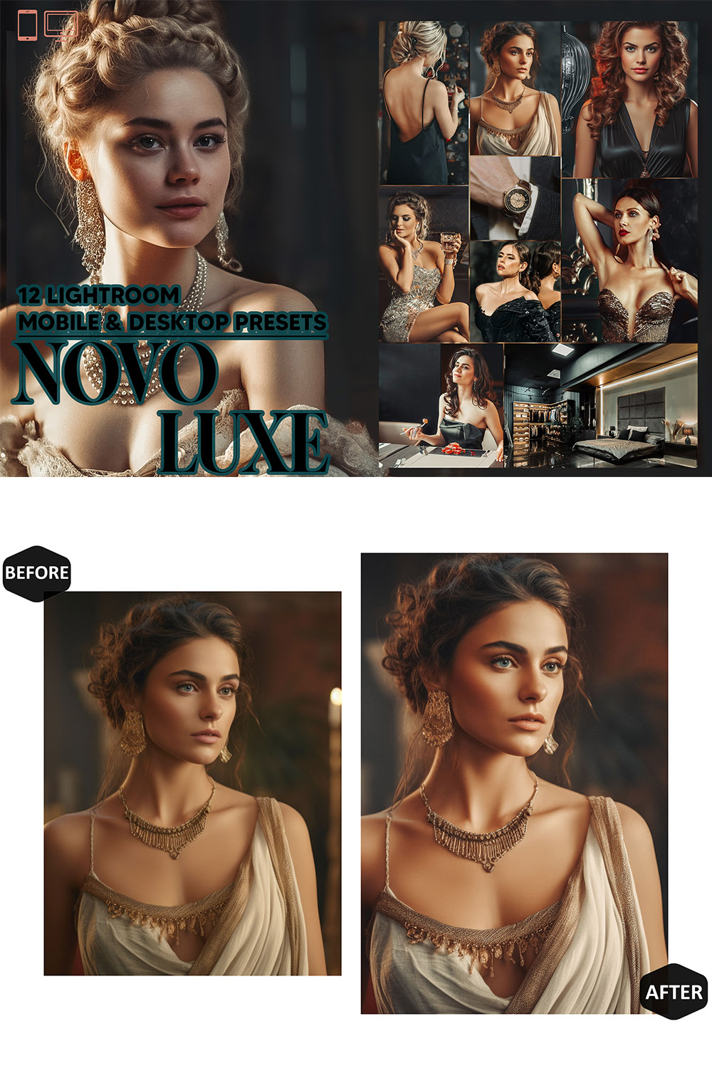 12 Novo Luxe Lightroom Presets, Black Luxury Mobile Preset, Luxurious Desktop LR Filter Lifestyle Theme For Blogger Portrait Instagram pinterest preview image.