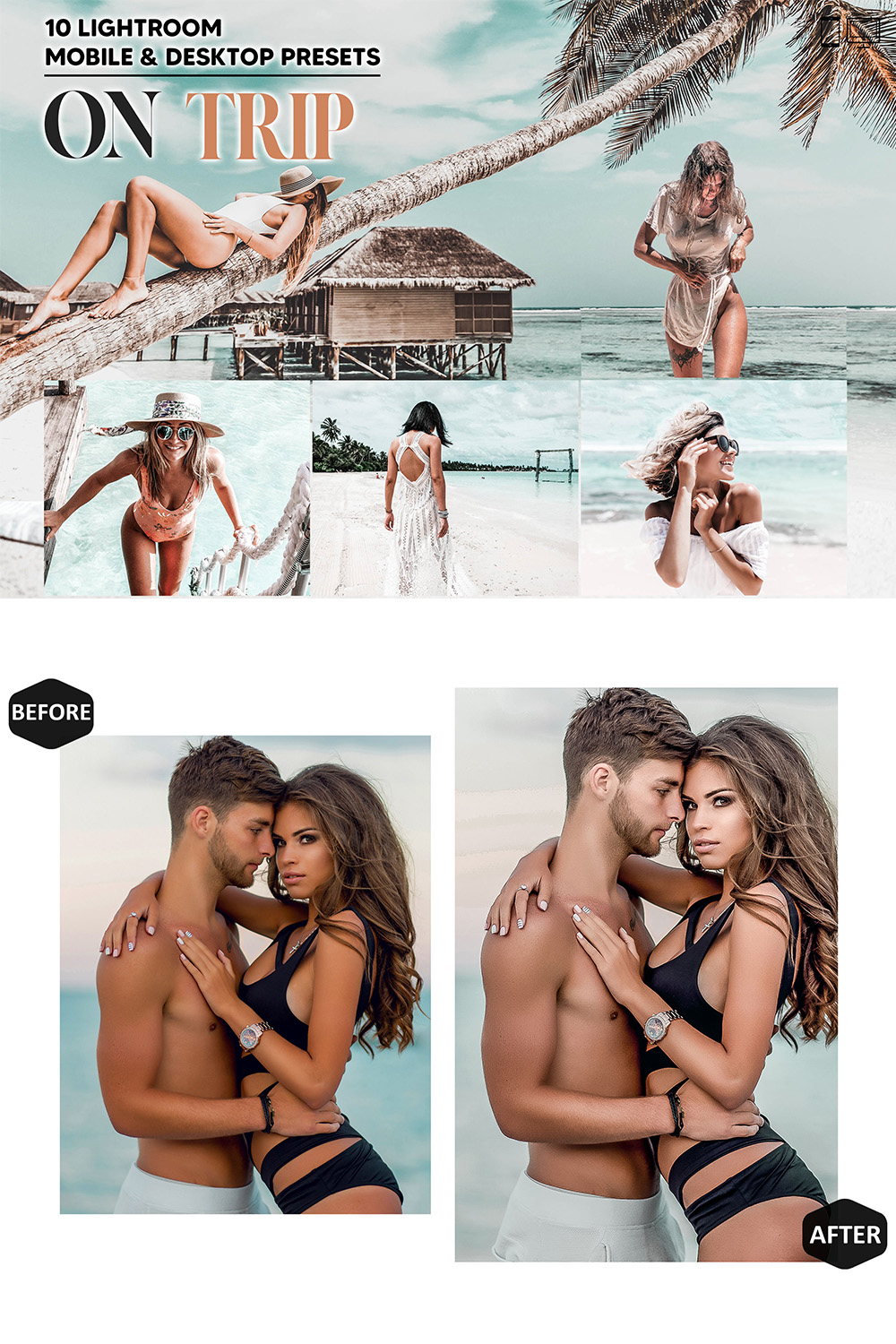 10 On Trip Lightroom Presets, Summer Mobile Preset, Travel Desktop LR Lifestyle DNG Instagram Bright Filter Theme Portrait Season Beach pinterest preview image.