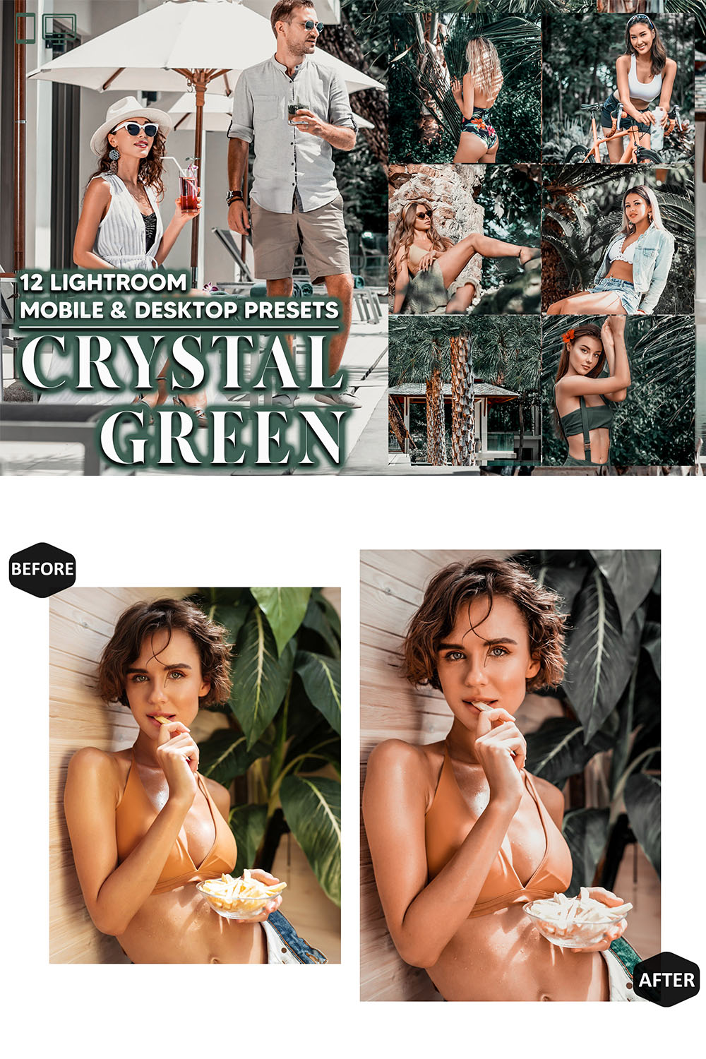 12 Crystal Green Lightroom Presets, Spring Mobile Preset, Tropical Desktop LR Filter DNG Lifestyle Theme For Blogger Portrait Instagram pinterest preview image.