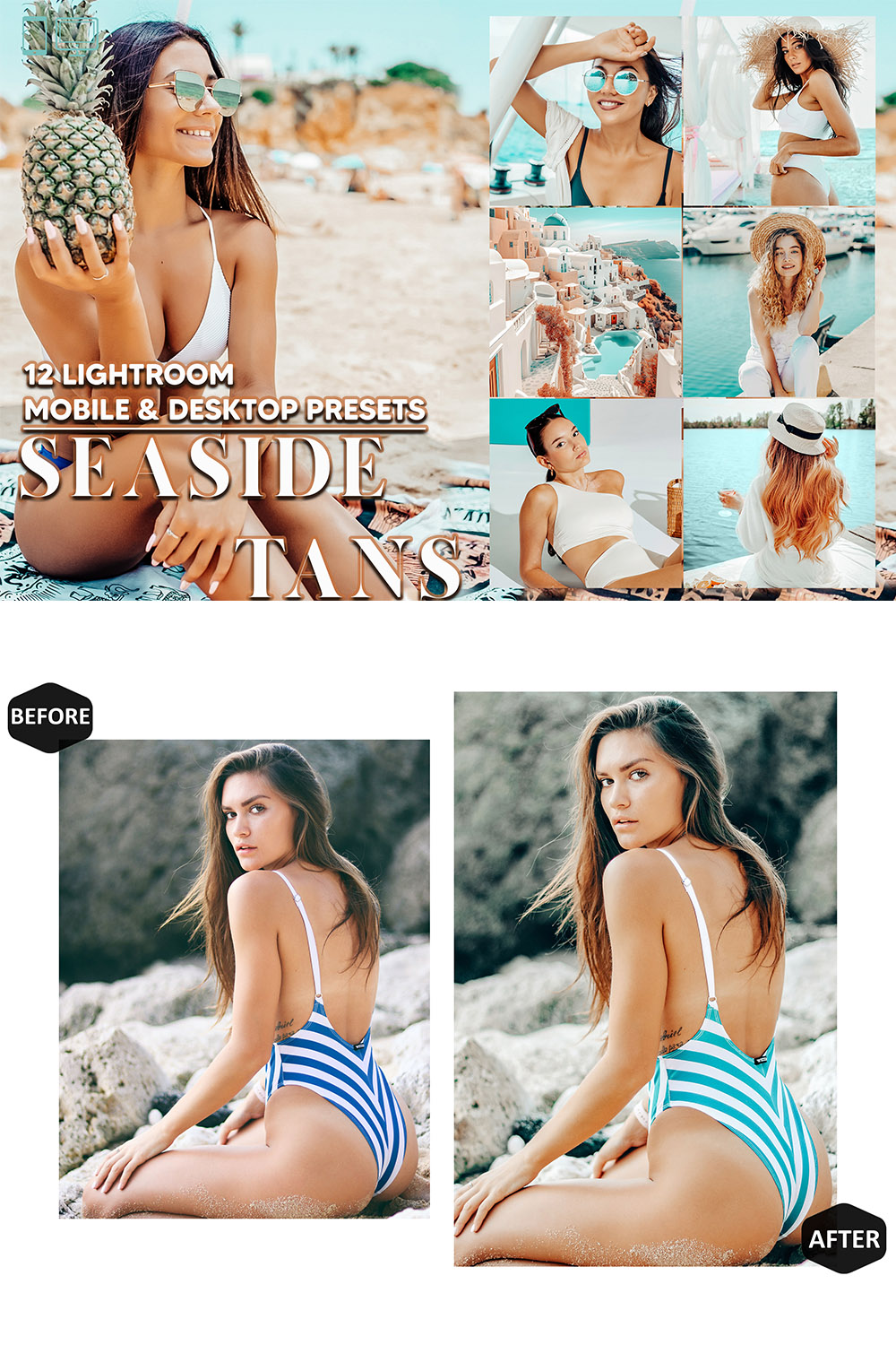 12 Seaside Tans Lightroom Presets, Bright Summer Mobile Preset, Sunkissed Desktop LR Filter Lifestyle Theme For Blogger Portrait Instagram pinterest preview image.