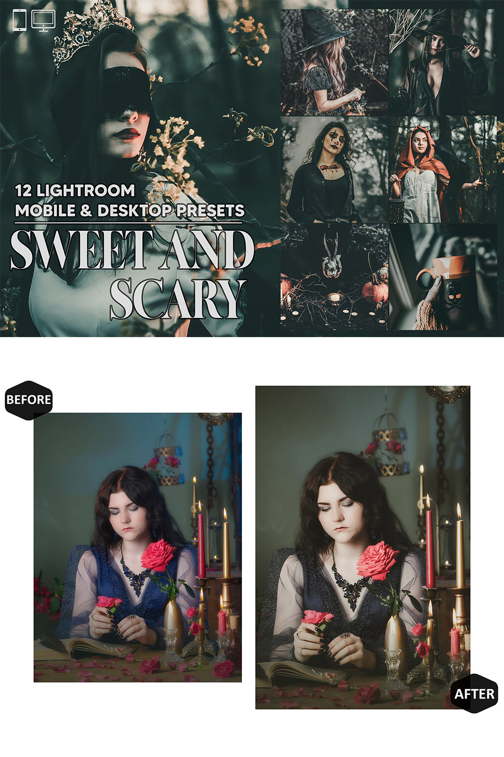 12 Sweet And Scary Lightroom Presets, Halloween Preset, Pumpkin Desktop LR Filter DNG Lifestyle Theme For Blogger Portrait Instagram pinterest preview image.