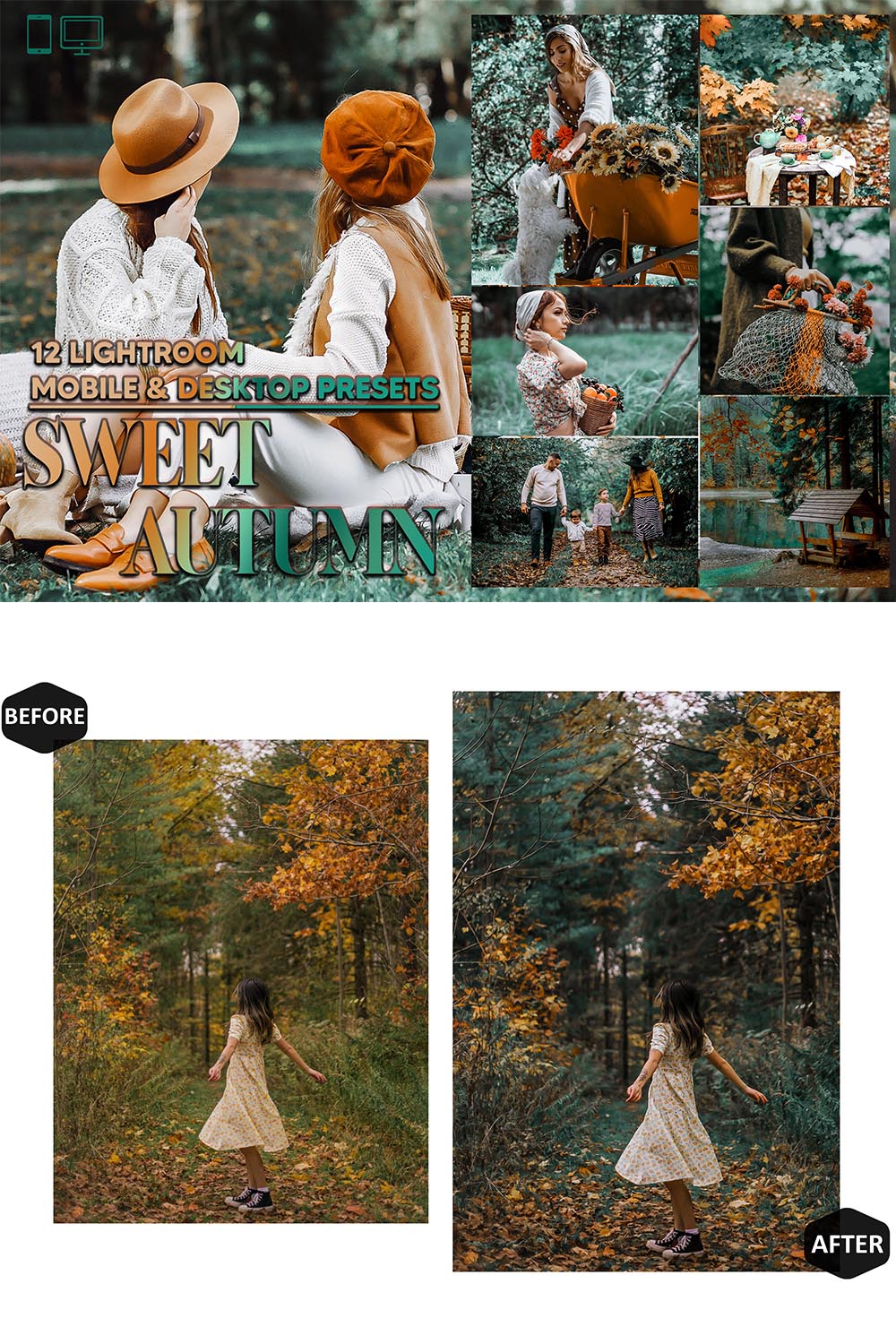 12 Sweet Autumn Lightroom Presets, Woodland Preset, Fall Moody Desktop LR Filter DNG Lifestyle Theme For Blogger Portrait Instagram pinterest preview image.