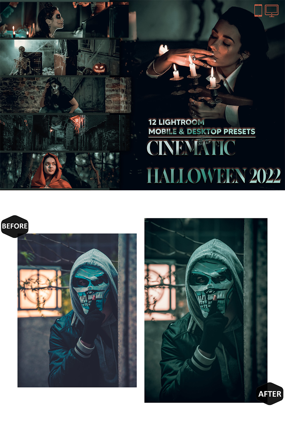 12 Cinematic Halloween 2022 Lightroom Presets, Cinema Preset, Action Film Desktop LR Filter DNG Lifestyle Theme Blogger Portrait Instagram pinterest preview image.
