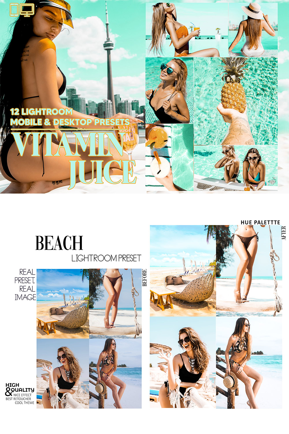 12 Vitamin Juice Lightroom Presets, Summer Mobile Preset, Travel Desktop LR Lifestyle DNG Instagram Holidays Filter Theme Portrait Season Beach pinterest preview image.