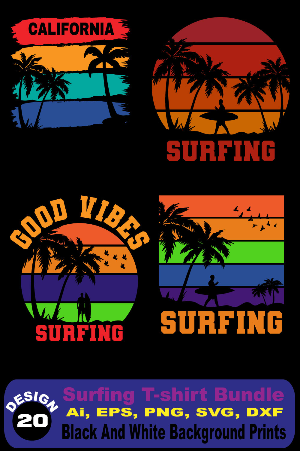 California Surfing T-shirt Design bundle pinterest preview image.