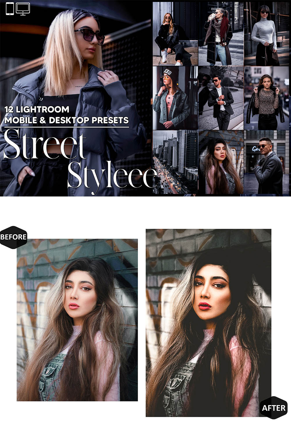 12 Street Styleee Lightroom Presets, Color Mobile Editing, Portrait Desktop LR Filter DNG Influencer Instagram Theme, Dark Hue, Blogger CC pinterest preview image.