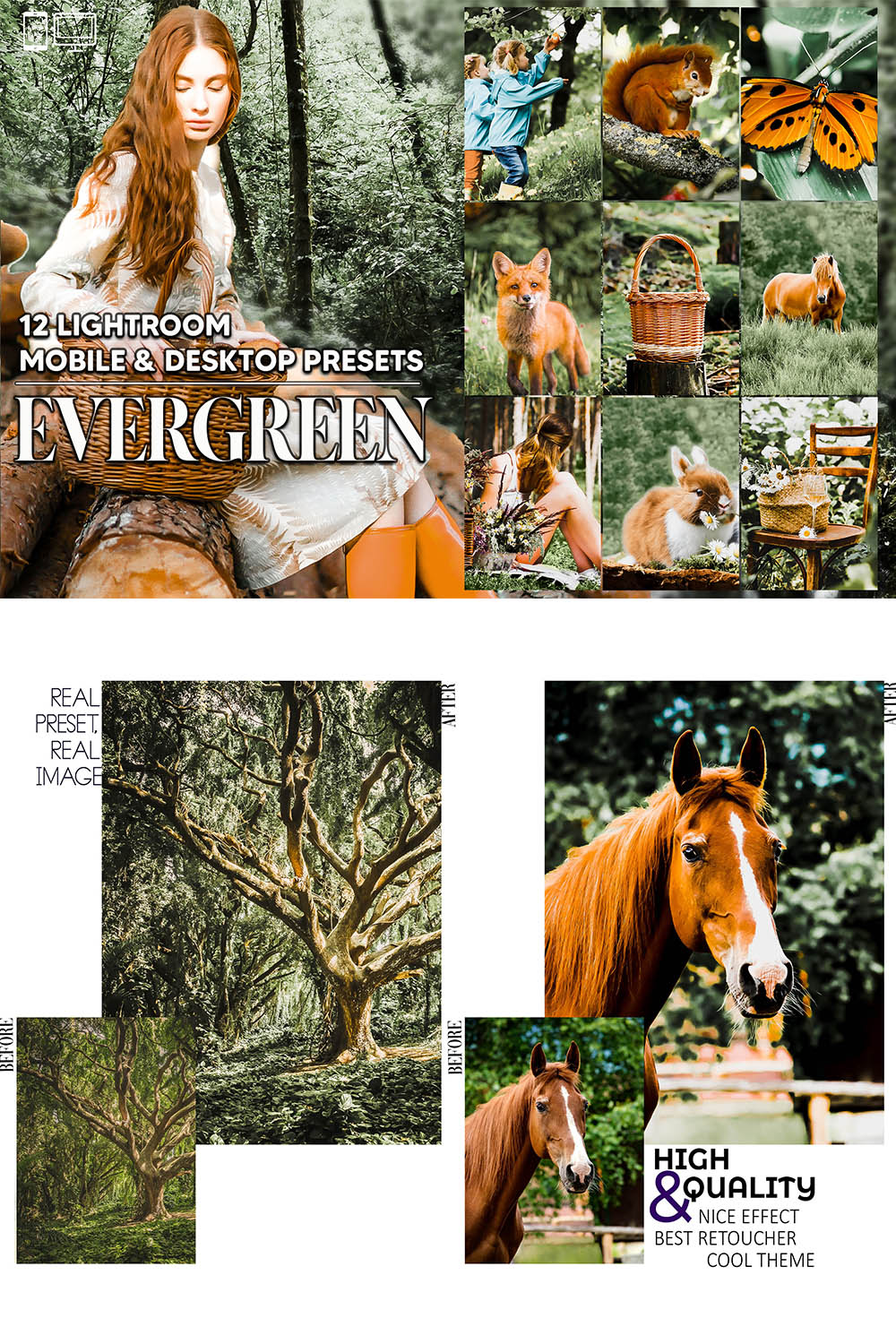12 Evergreen Lightroom Presets, Moody Mobile Preset, Forest Desktop LR Filter DNG Portrait Instagram Theme For Lifestyle, Scheme pinterest preview image.