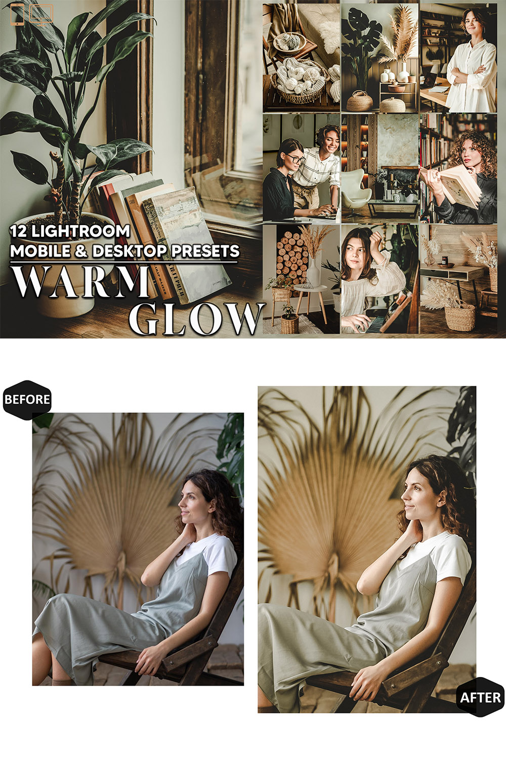 12 Warm Glow Lightroom Presets, Vintage Style Mobile Preset, Moody Desktop LR Filter Lifestyle Theme For Blogger Portrait Instagram pinterest preview image.