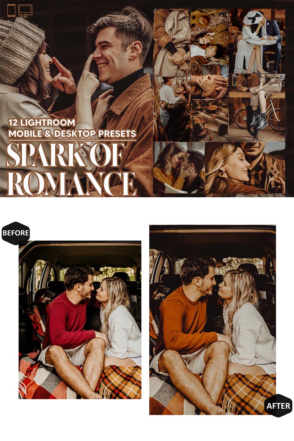 12 Spark of Romance Lightroom Presets, Couples Mobile Preset, Travel Fall Desktop LR Filter Lifestyle Theme For Blogger Portrait Instagram pinterest preview image.