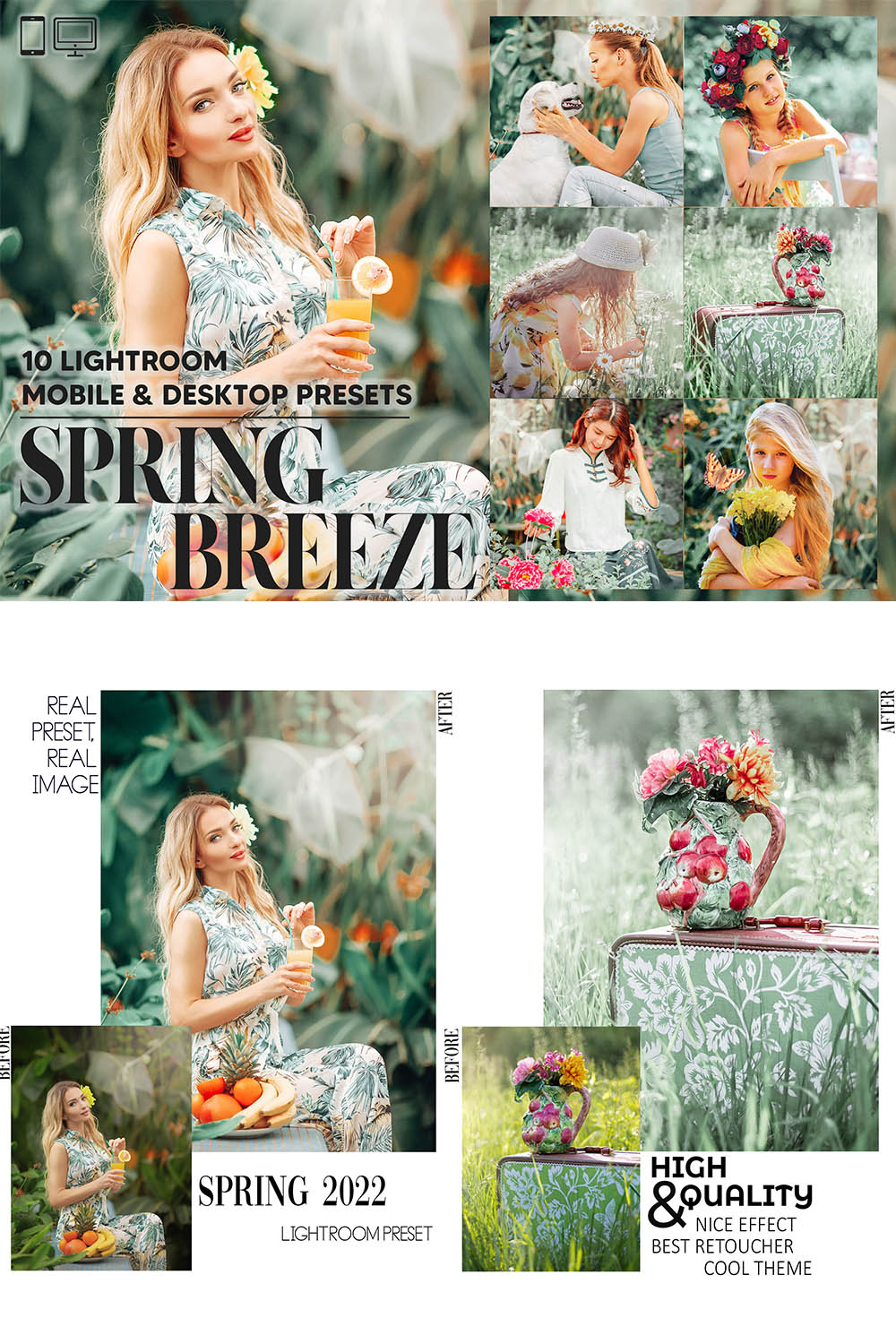 10 Spring Breeze Lightroom Presets, Bright Mobile Preset, Warm Girl Desktop, Lifestyle Portrait Theme Instagram LR Filter DNG Best Green pinterest preview image.