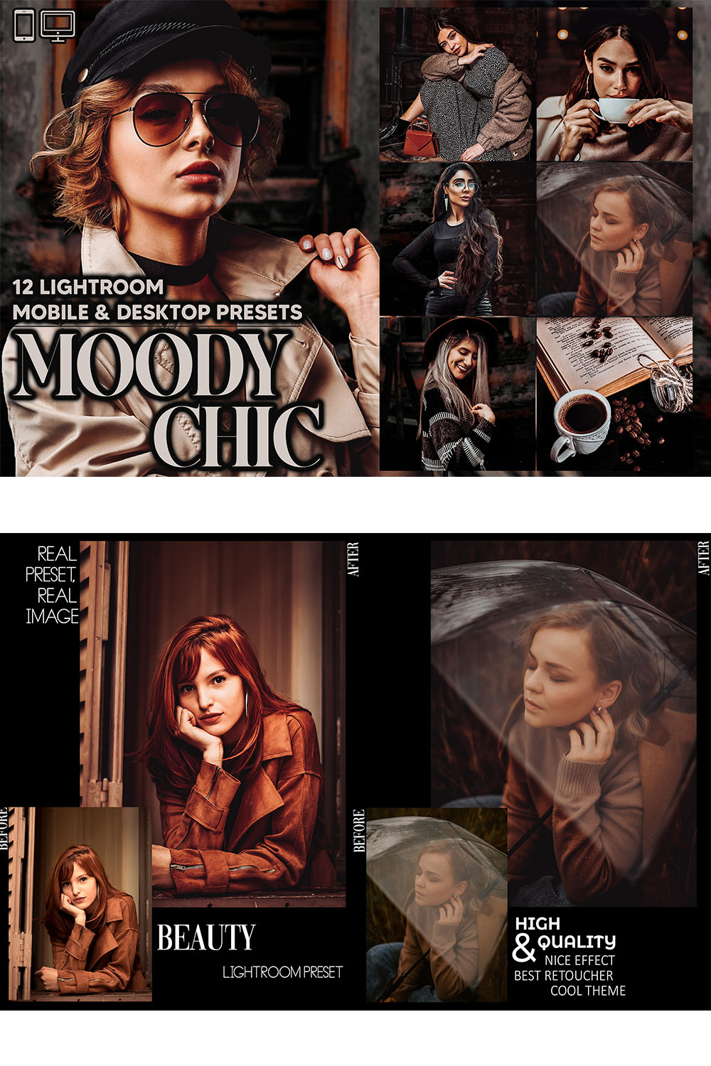 12 Moody Chic Lightroom Presets, Dark Fall Mobile Preset, Autumn Desktop, Lifestyle Portrait Theme For Instagram LR Filter DNG Warm Black pinterest preview image.