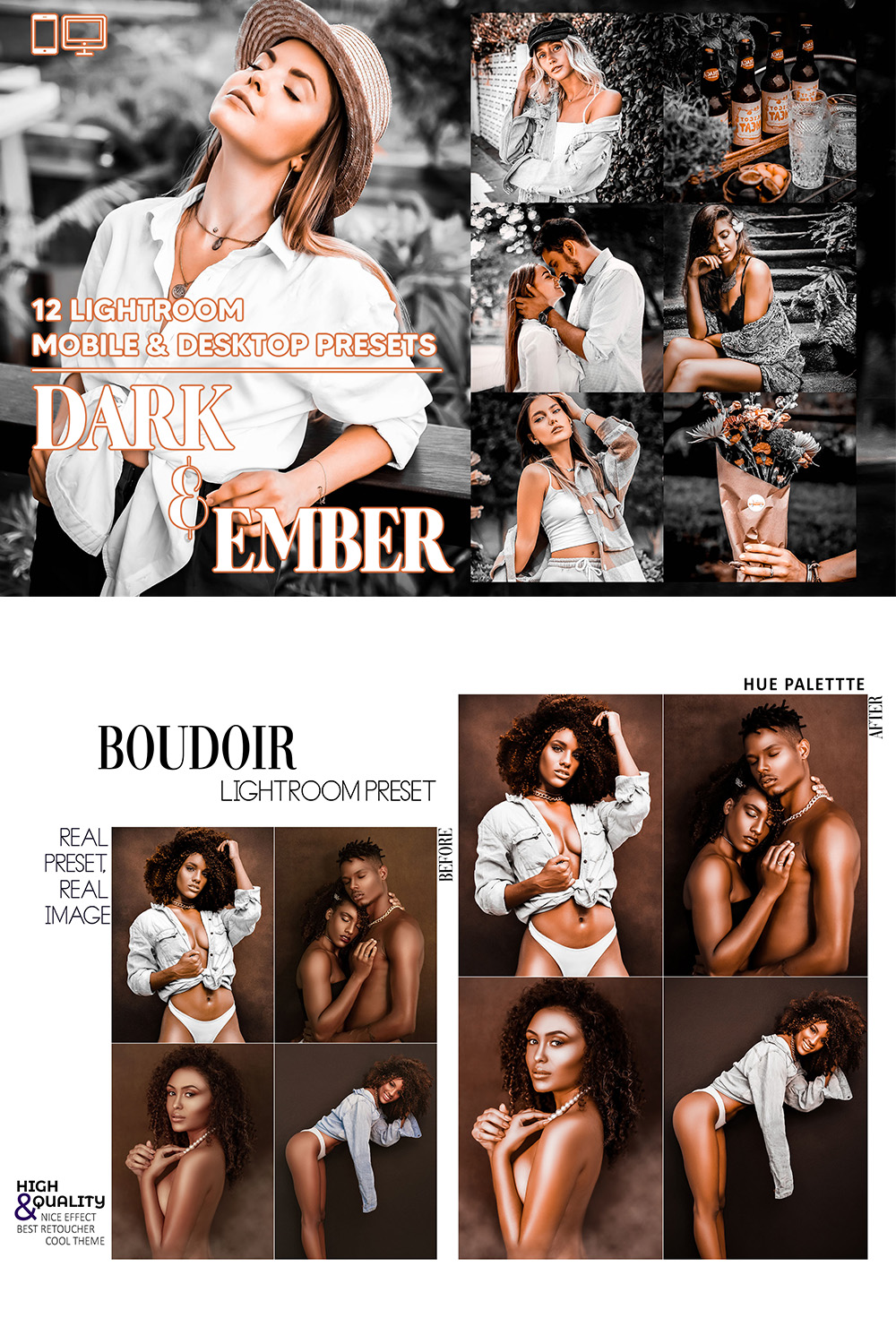 12 Dark & Ember Lightroom Presets, Moody Mobile Preset, Gray Desktop LR Lifestyle DNG Instagram Orange Filter Theme Portrait Season Matte pinterest preview image.