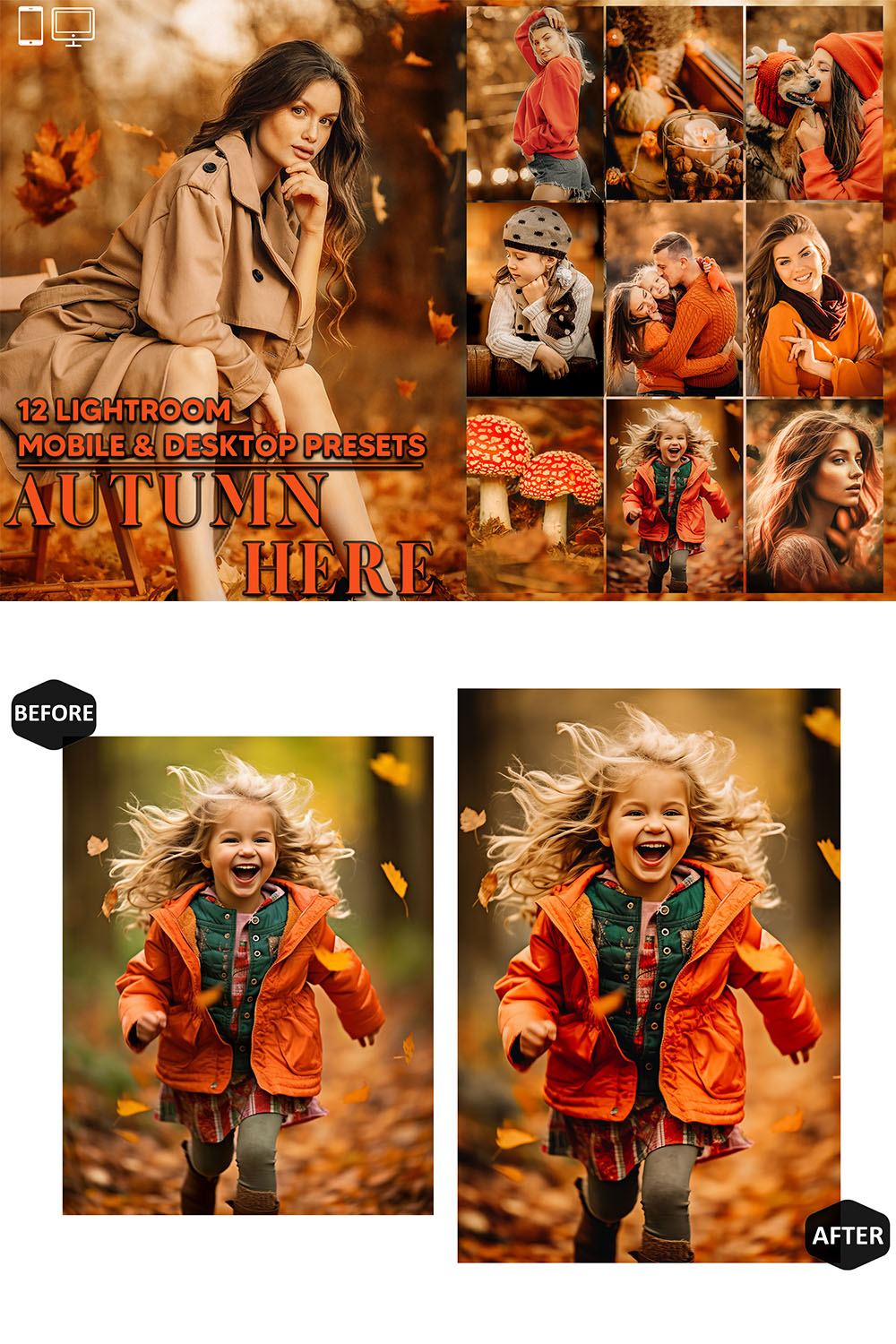 12 Autumn Here Lightroom Presets, Season Fall Mobile Preset, Moody Desktop LR Filter Lifestyle Theme For Blogger Portrait Instagram pinterest preview image.