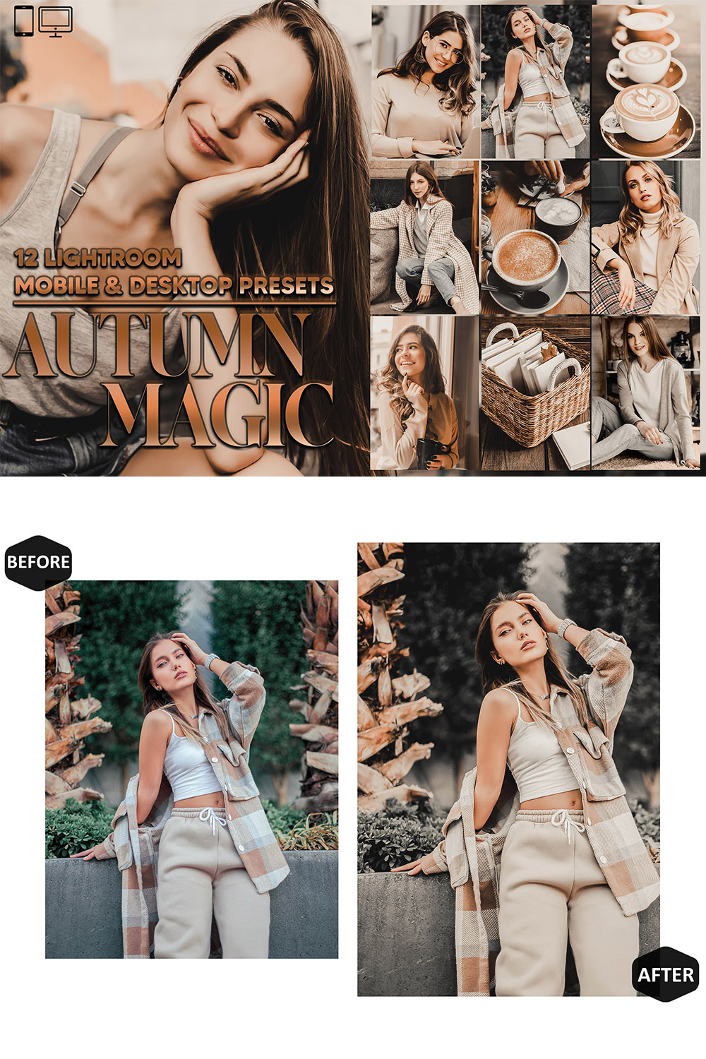 12 Autumn Magic Lightroom Presets, Brown Mobile Preset, Fall Warm Desktop LR Filter DNG Coffee Scheme Lifestyle Theme For Portrait, Instagram pinterest preview image.
