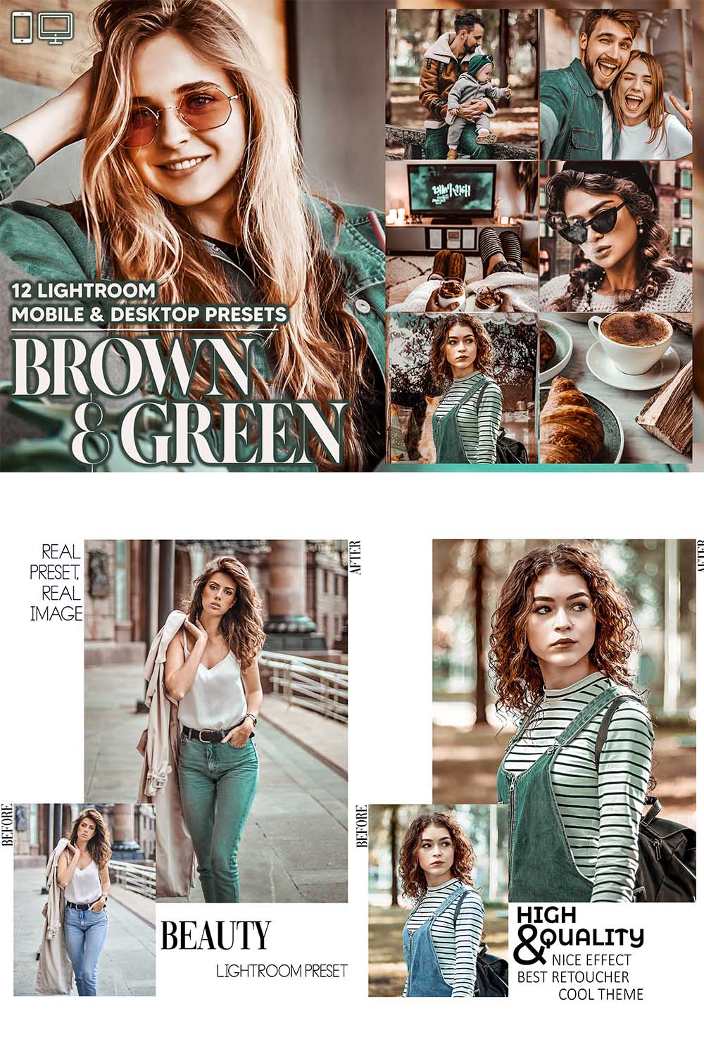 12 Brown & Green Lightroom Presets, Moody Mobile Preset, Cocoa Warm Desktop, Lifestyle Portrait, Theme Instagram LR, Filter DNG, Deep Trendy pinterest preview image.