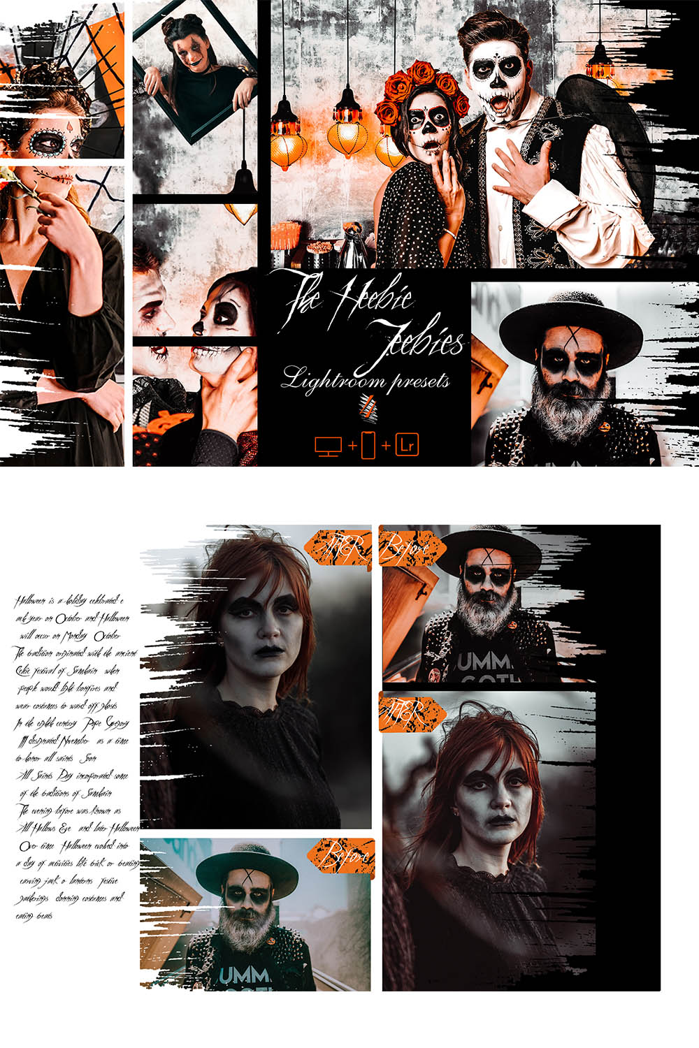 12 The Heebie-Jeebies Lightroom Presets, Halloween Mobile Preset, Horror Orange Desktop, Lifestyle Portrait Theme Instagram LR Filter DNG pinterest preview image.