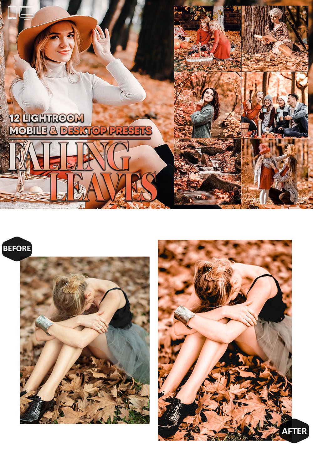 12 Falling Leaves Lightroom Presets, Autumn Leaf Preset, Fall Moody Desktop LR Filter DNG Lifestyle Theme For Blogger Portrait Instagram pinterest preview image.