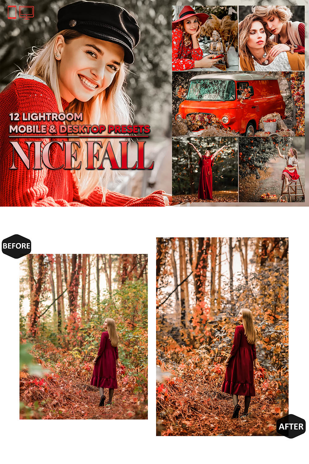 12 Nice Fall Lightroom Presets, Autumn Moody Preset, Girl happy Desktop LR Filter DNG Lifestyle Theme For Blogger Portrait Instagram pinterest preview image.