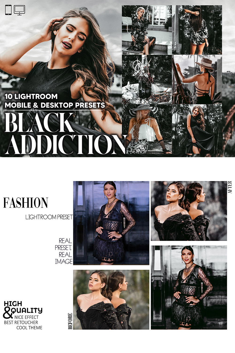 10 Black Addiction Lightroom Presets, Summer Dark Mobile Preset, Luxury Desktop, Lifestyle Portrait Theme Instagram LR Filter DNG Moody Chic pinterest preview image.