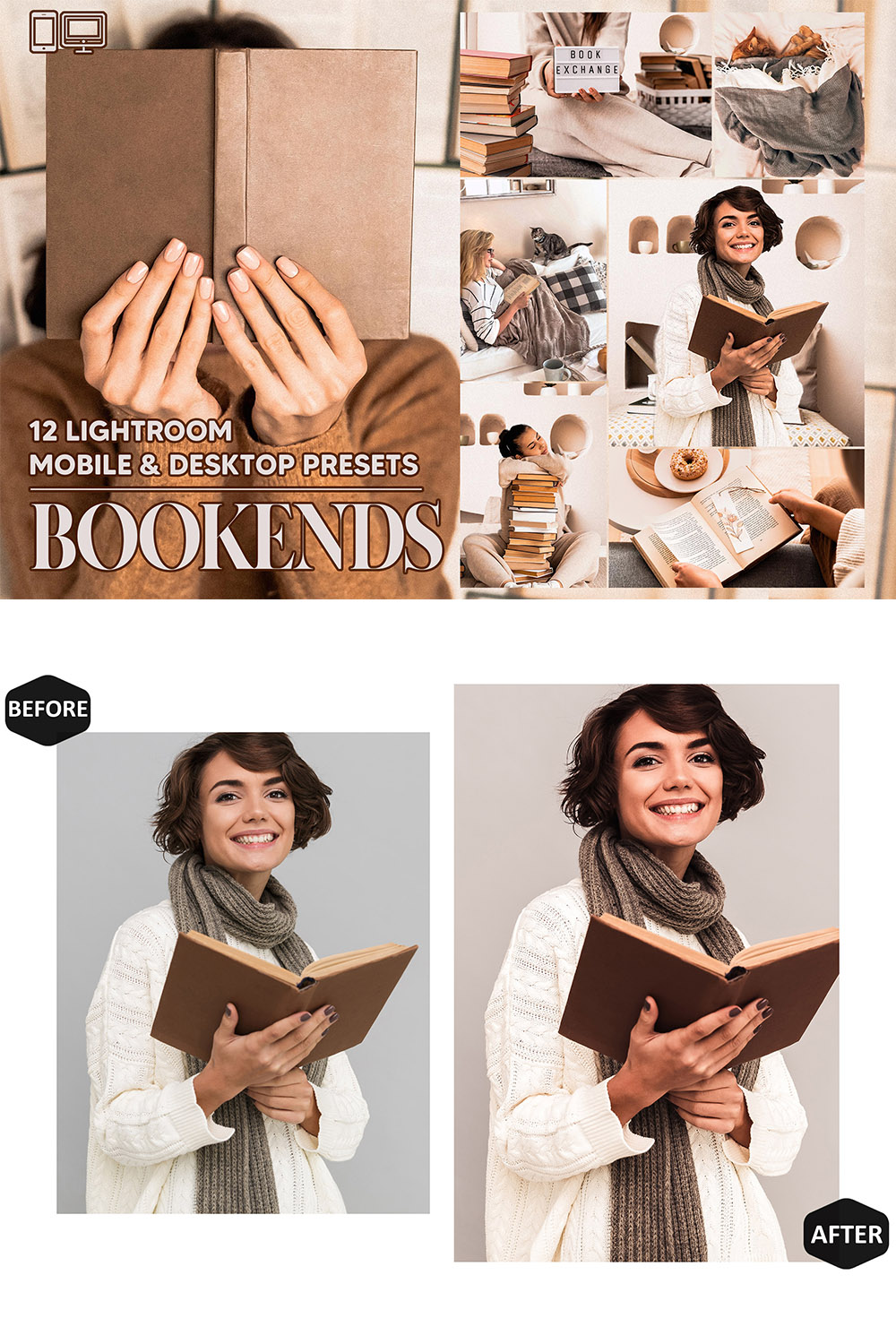 12 Bookends Lightroom Presets, Vintage Mobile Preset, Letter Desktop LR Lifestyle DNG Instagram Coffee Filter Theme Portrait Season pinterest preview image.