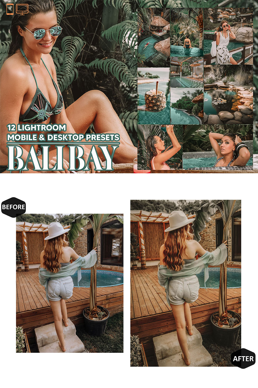 12 Bali Bay Lightroom Presets, Tropical Mobile Preset, Travel Desktop LR Filter Lifestyle Theme For Blogger Portrait Instagram pinterest preview image.