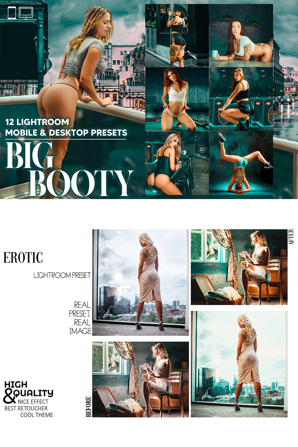 12 Big Booty Lightroom Presets, Girl Summer Mobile Preset, Bikini Desktop, Lifestyle Portrait Theme Instagram LR Filter DNG pinterest preview image.