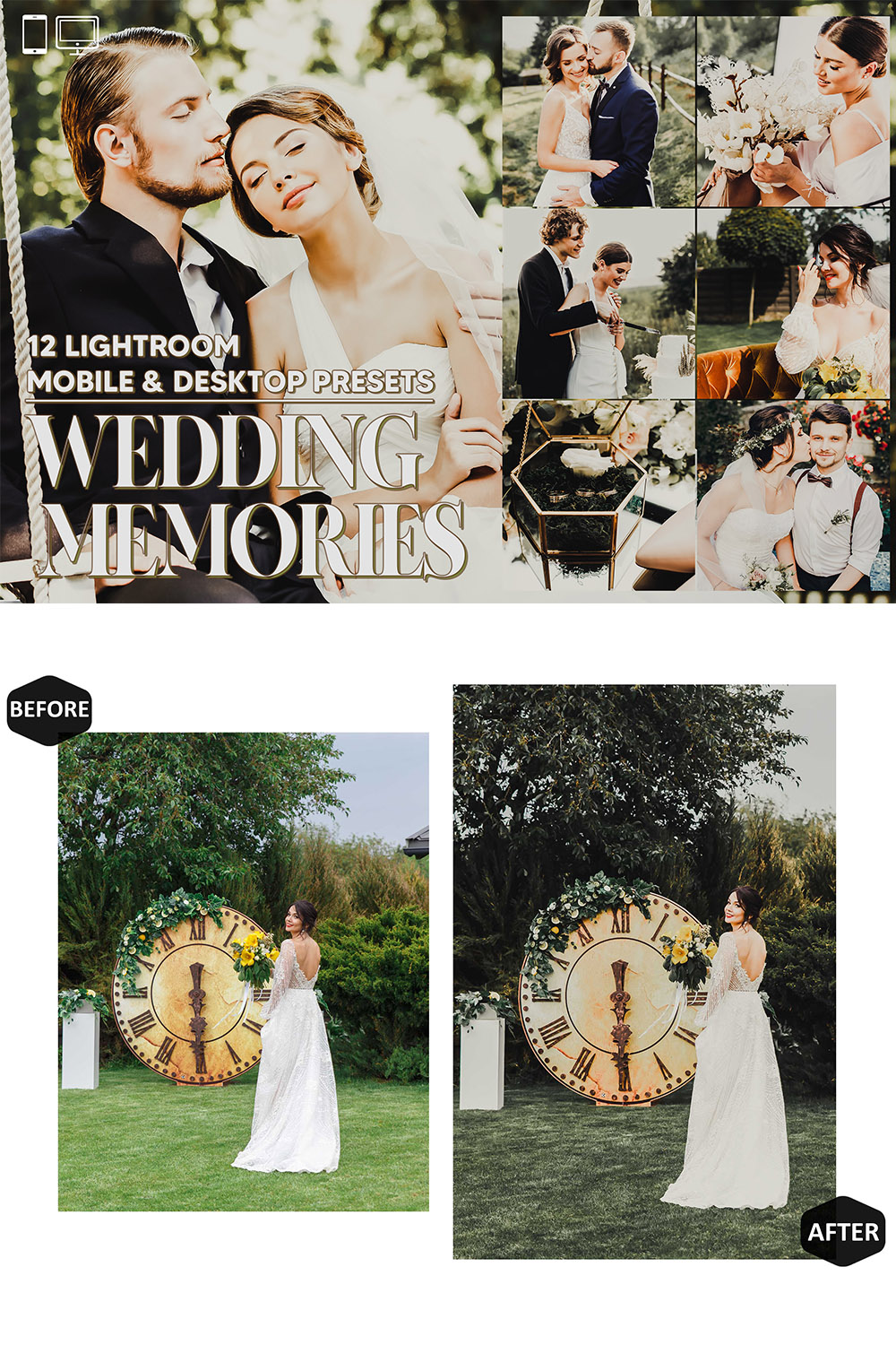 12 Wedding Memories Lightroom Presets, Matte Mobile Preset, Black Airy Desktop LR Filter DNG Lifestyle Theme For Blogger Portrait Instagram pinterest preview image.