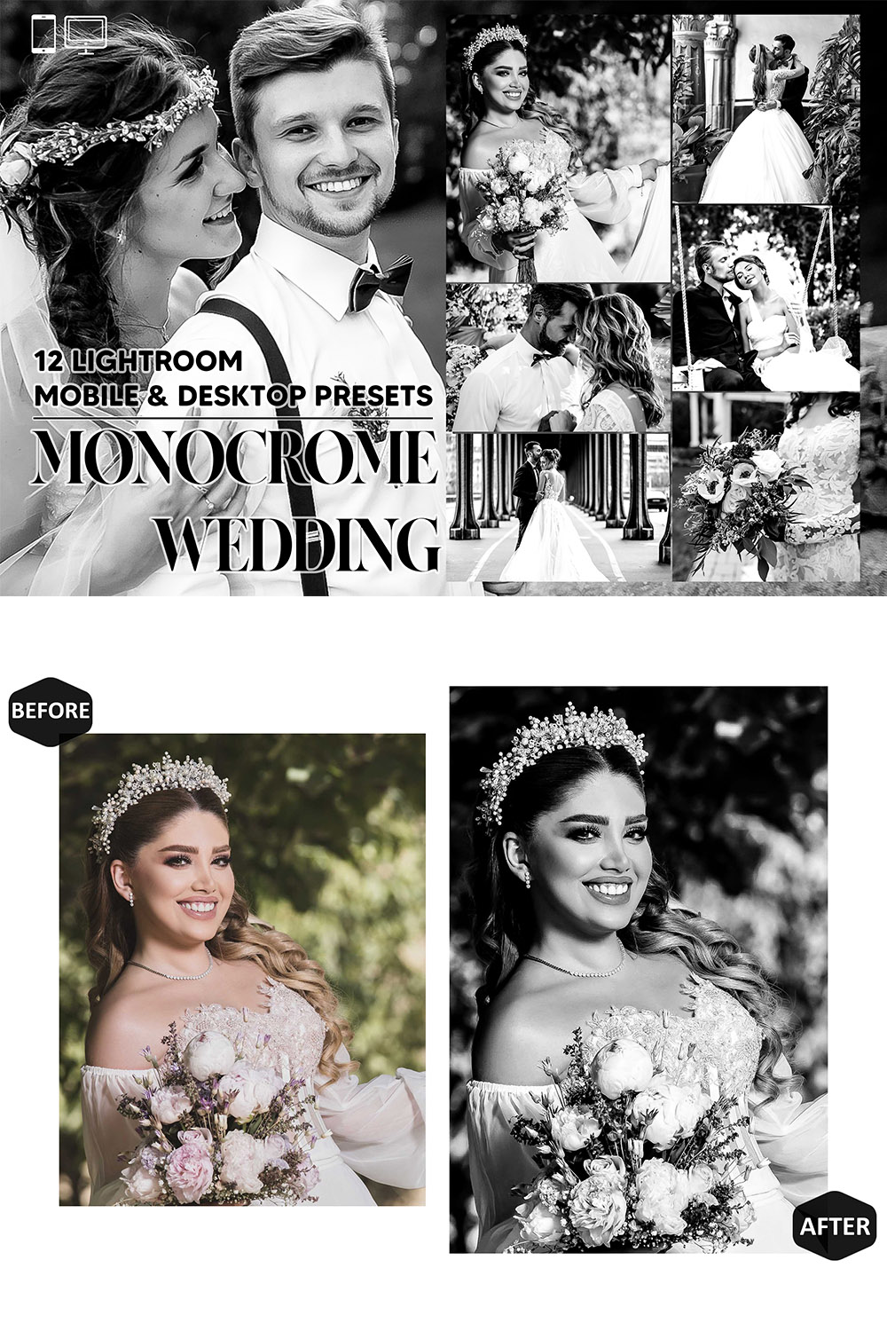 12 Monochrome Wedding Lightroom Presets, Black And White Mobile Preset, Couple Desktop LR Filter DNG Lifestyle Theme For Portrait Instagram pinterest preview image.