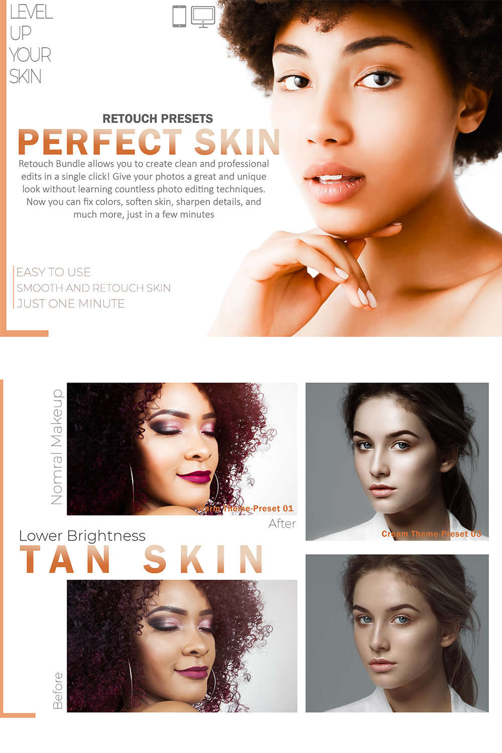 16 Perfect Skin Lightroom Presets, Retouch Mobile Preset, Makeup Desktop LR Filter DNG Lifestyle Theme For Blogger Portrait Instagram pinterest preview image.