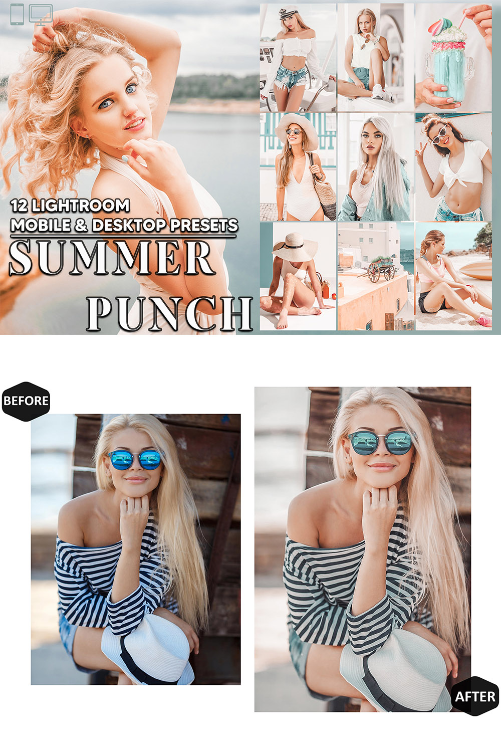 12 Summer Punch Lightroom Presets, Orange Skin Mobile Preset, Bright Desktop LR Filter Lifestyle Theme For Blogger Portrait Instagram pinterest preview image.