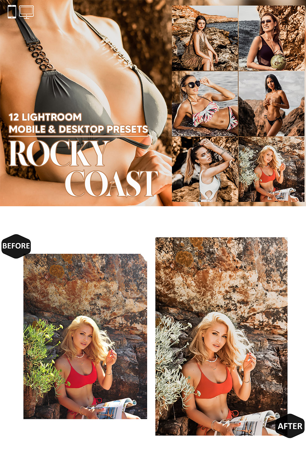 12 Rocky Coast Lightroom Presets, Tanned Skin Mobile Preset, Summer Desktop LR Filter DNG Lifestyle Theme For Blogger Portrait Instagram pinterest preview image.