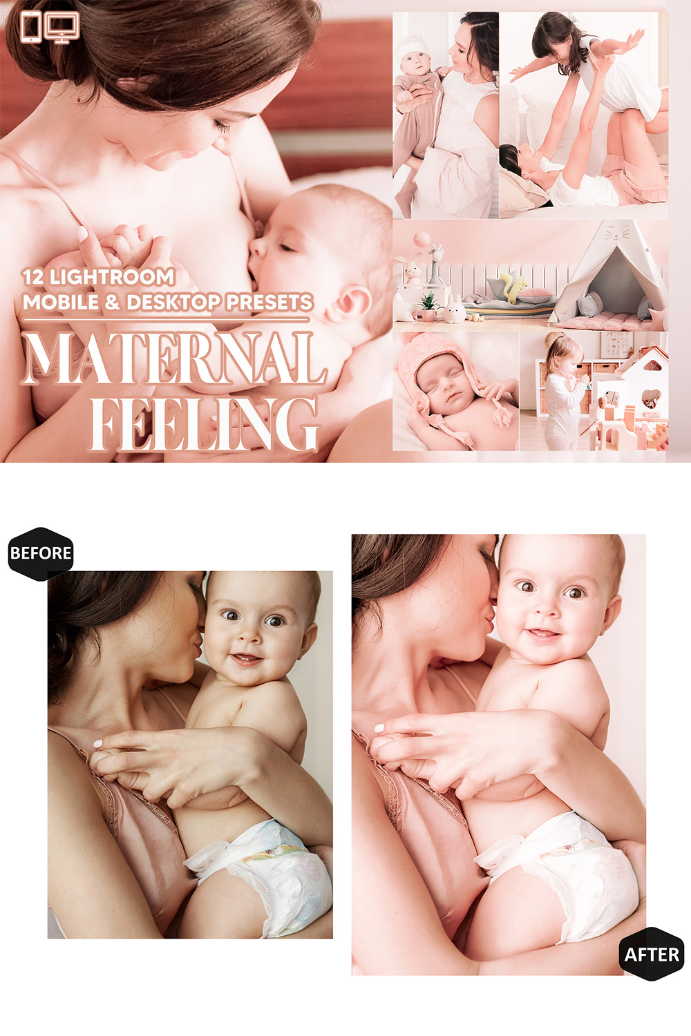 12 Maternal Feeling Lightroom Presets, Mother Mobile Preset, Baby Desktop LR Lifestyle DNG Instagram Cream Filter Theme Portrait Season Clean pinterest preview image.