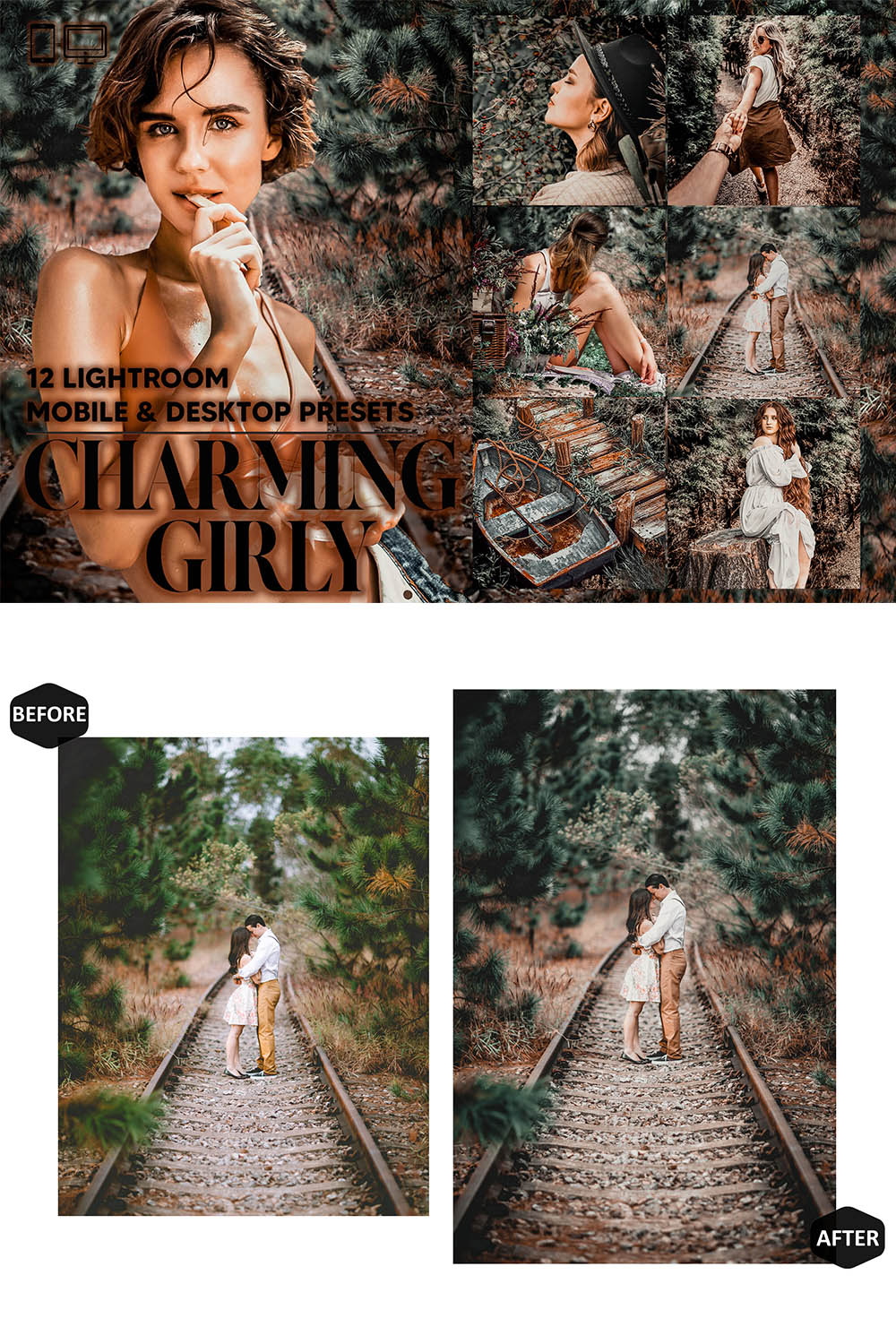 12 Charming Girly Lightroom Presets, Moody Mobile Preset, Summer Deep Desktop, Portrait Lifestyle Theme Instagram, LR Filter DNG Warm Nature pinterest preview image.