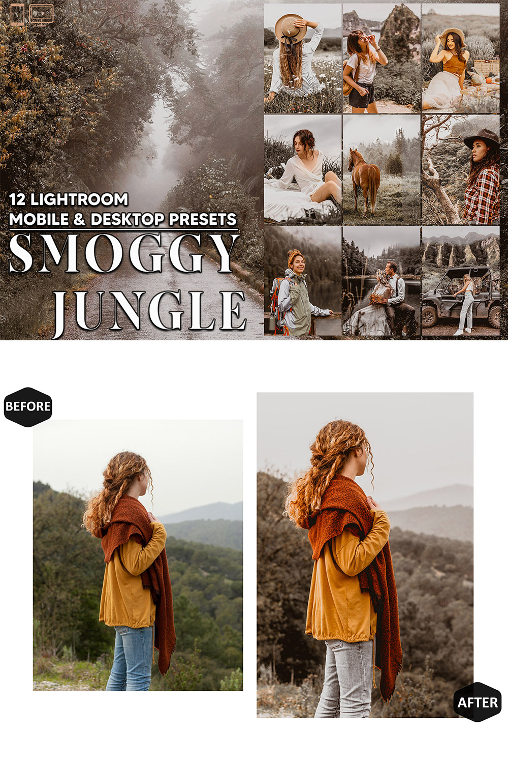 12 Smoggy Jungle Lightroom Presets, Foggy Mobile Preset, Forest Moody Desktop LR Filter Lifestyle Theme For Blogger Portrait Instagram pinterest preview image.