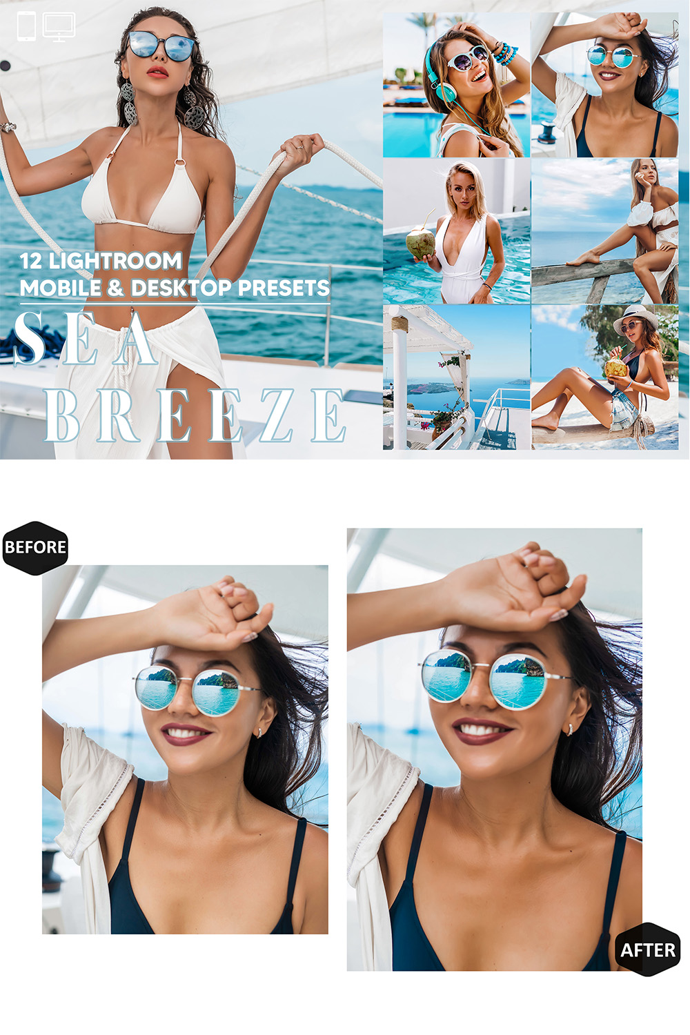 12 Sea Breeze Lightroom Presets, Bright Summer Mobile Preset, Beach Desktop LR Filter DNG Lifestyle Theme For Blogger Portrait Instagram pinterest preview image.