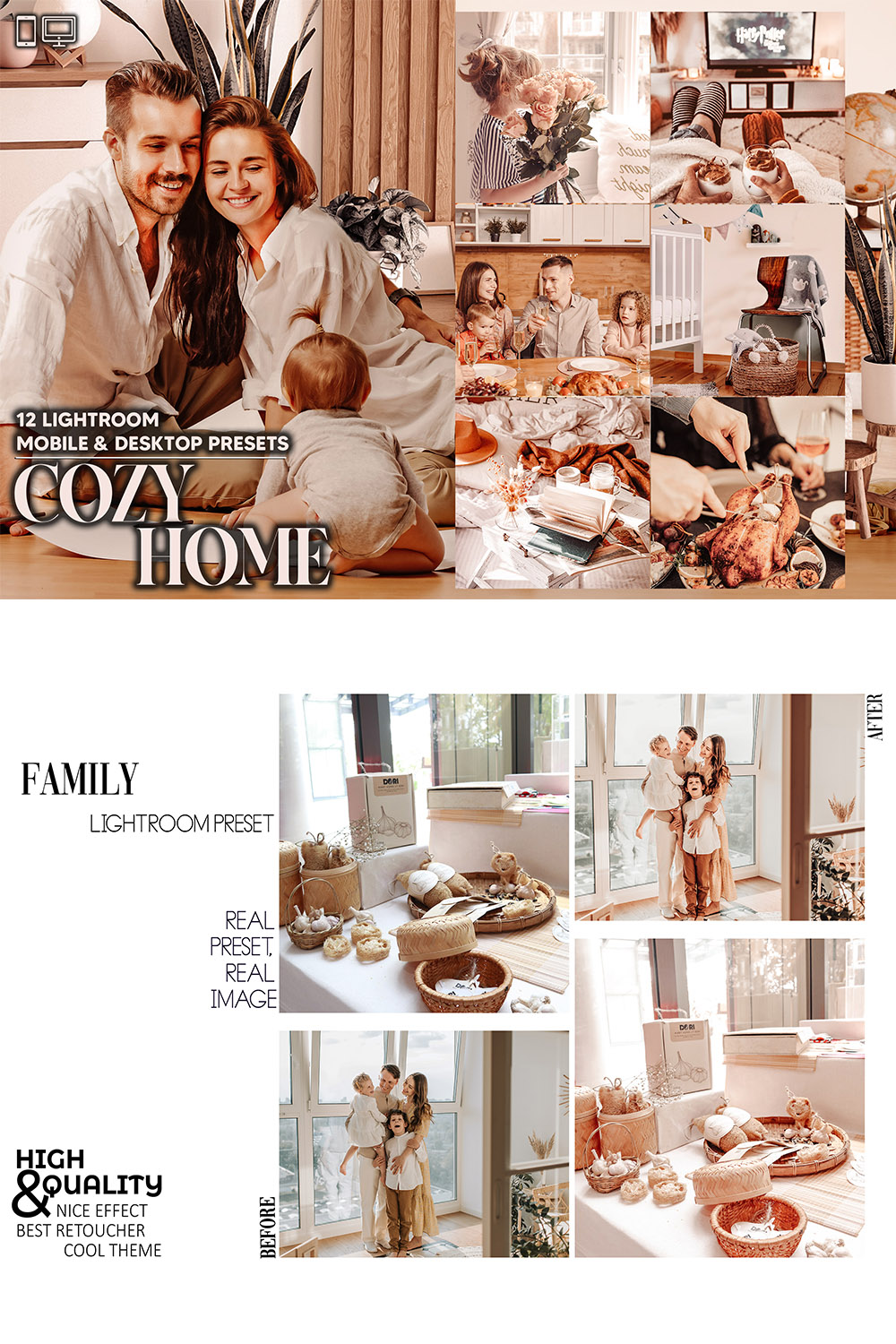 12 Cozy Home Lightroom Presets, Family Time Mobile Preset, Warm Indoor Desktop, Lifestyle Portrait Theme For Instagram LR Filter DNG Autumn pinterest preview image.
