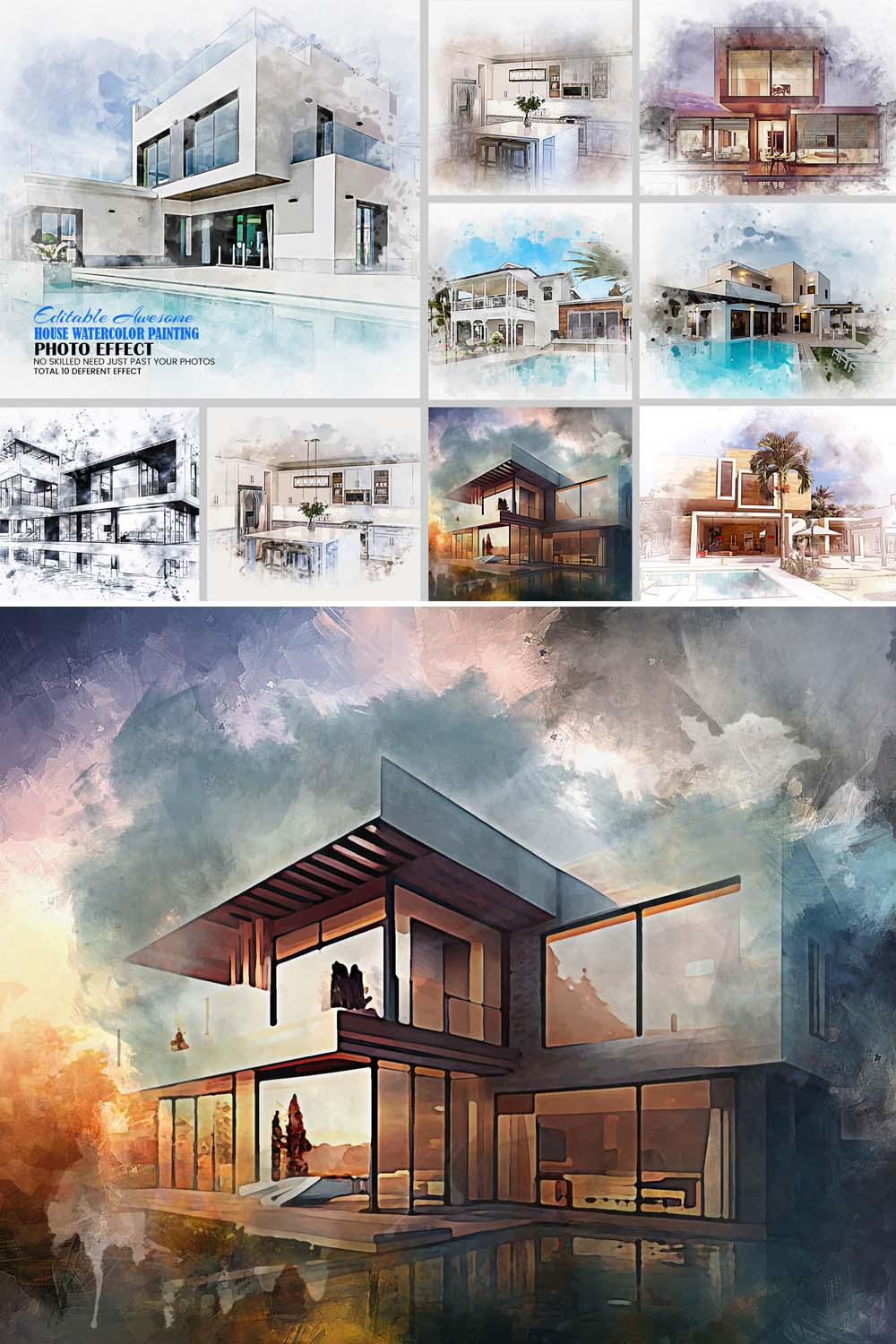 House Watercolor Painting Effect pinterest preview image.