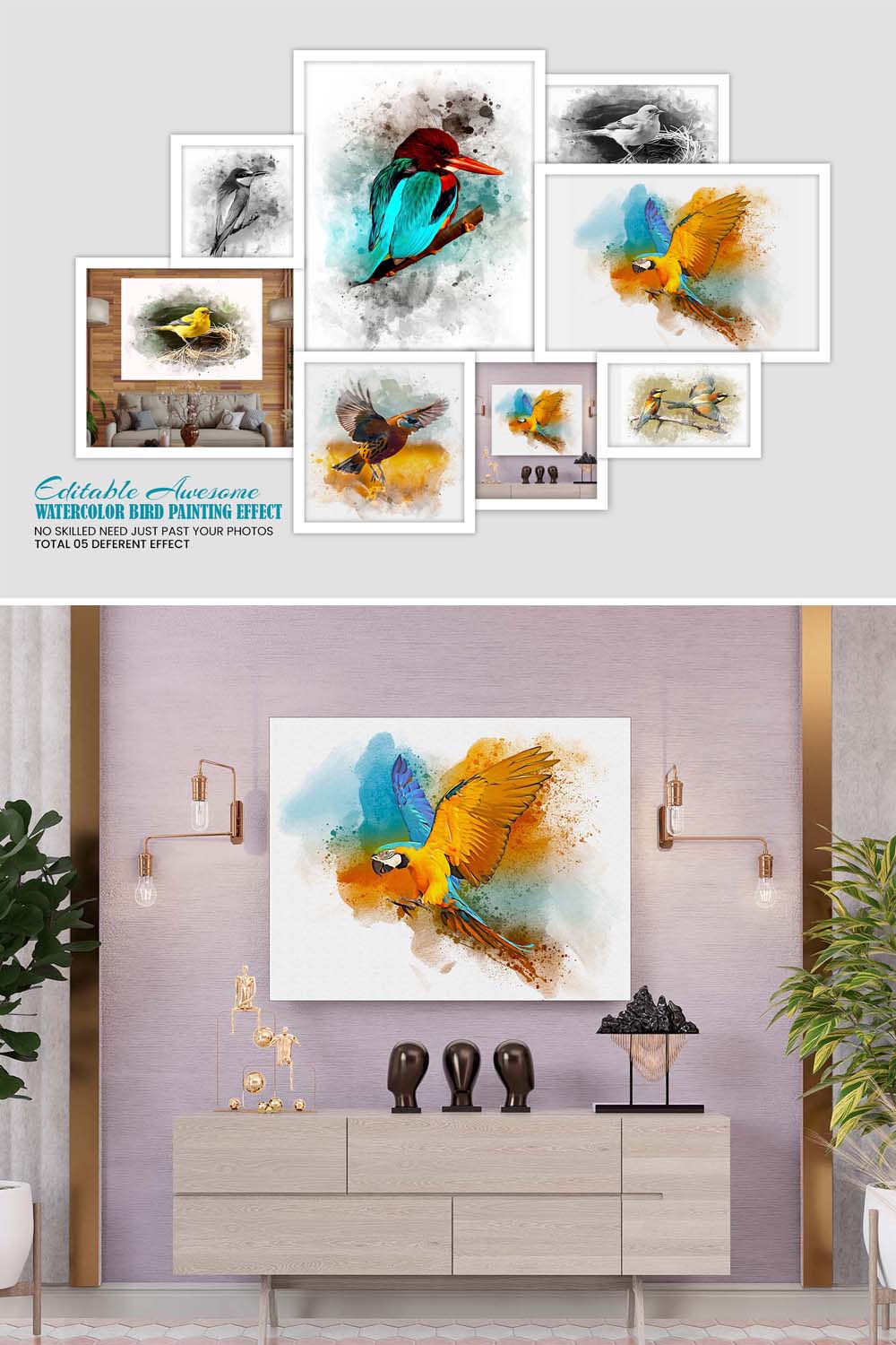 Bird Painting Photo Effect Template pinterest preview image.