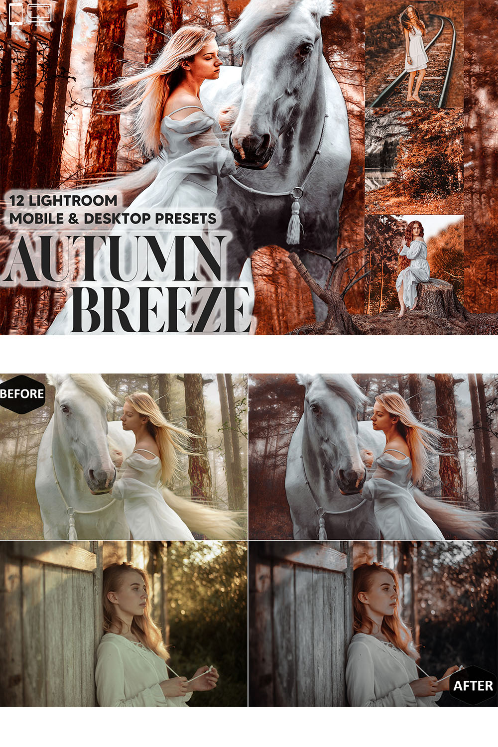 12 Autumn Breeze Lightroom Presets, Fall Mobile Preset, Dreamy Desktop, Lifestyle Portrait Theme Instagram LR Filter DNG Orange Romance pinterest preview image.