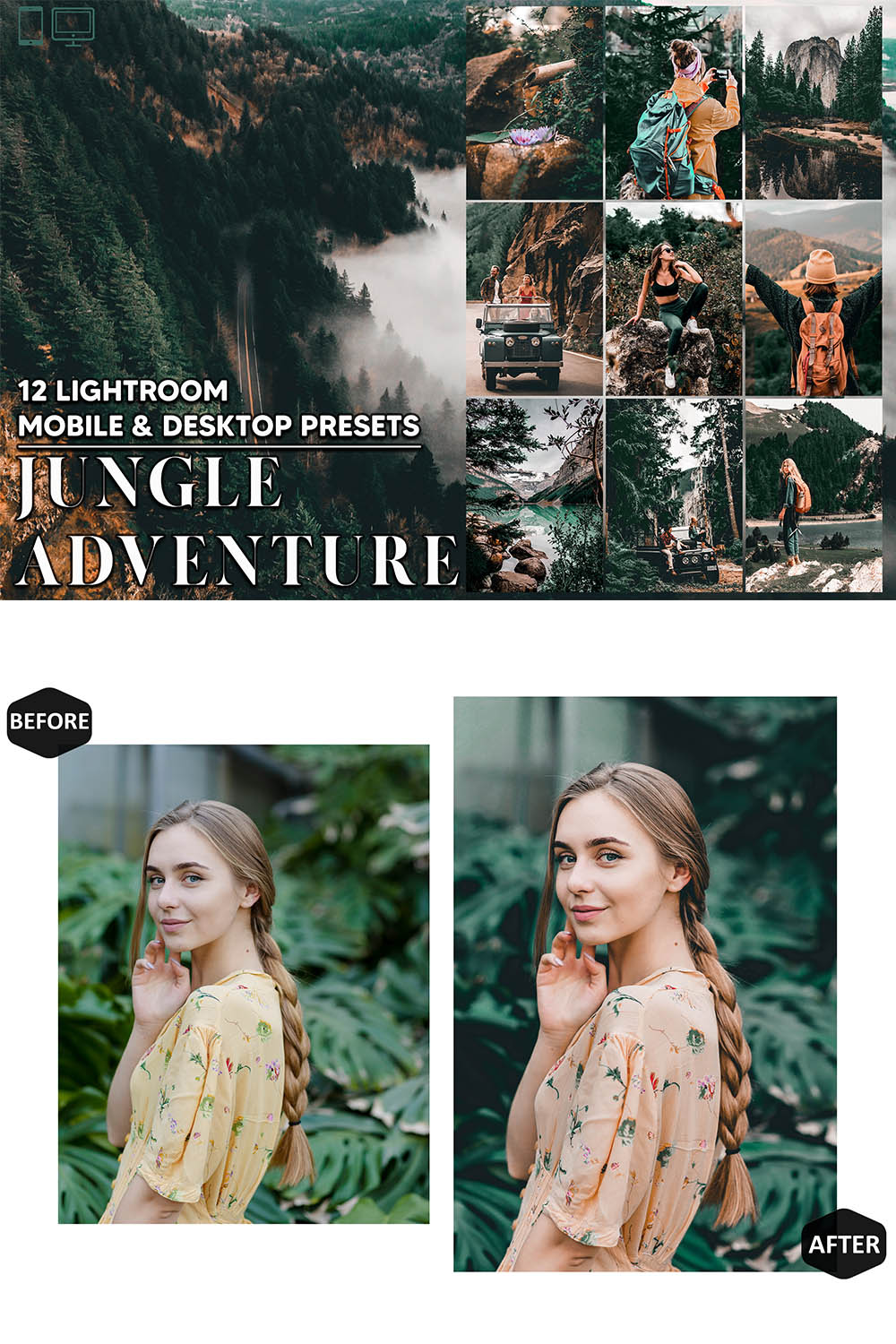 12 Jungle Adventure Lightroom Presets, Forest Moody Mobile Preset, Travel Desktop LR Filter Lifestyle Theme For Blogger Portrait Instagram pinterest preview image.