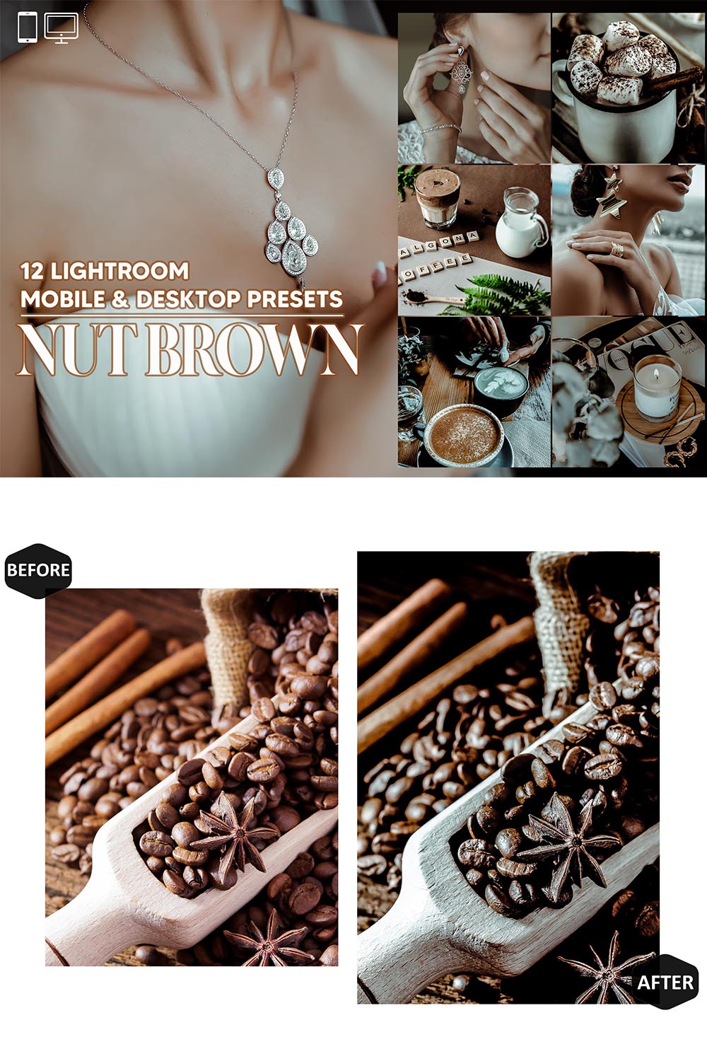 12 Nut Brown Lightroom Presets, Close Up Mobile Preset, Moody Desktop LR Filter DNG Lifestyle Theme For Blogger Portrait Instagram pinterest preview image.