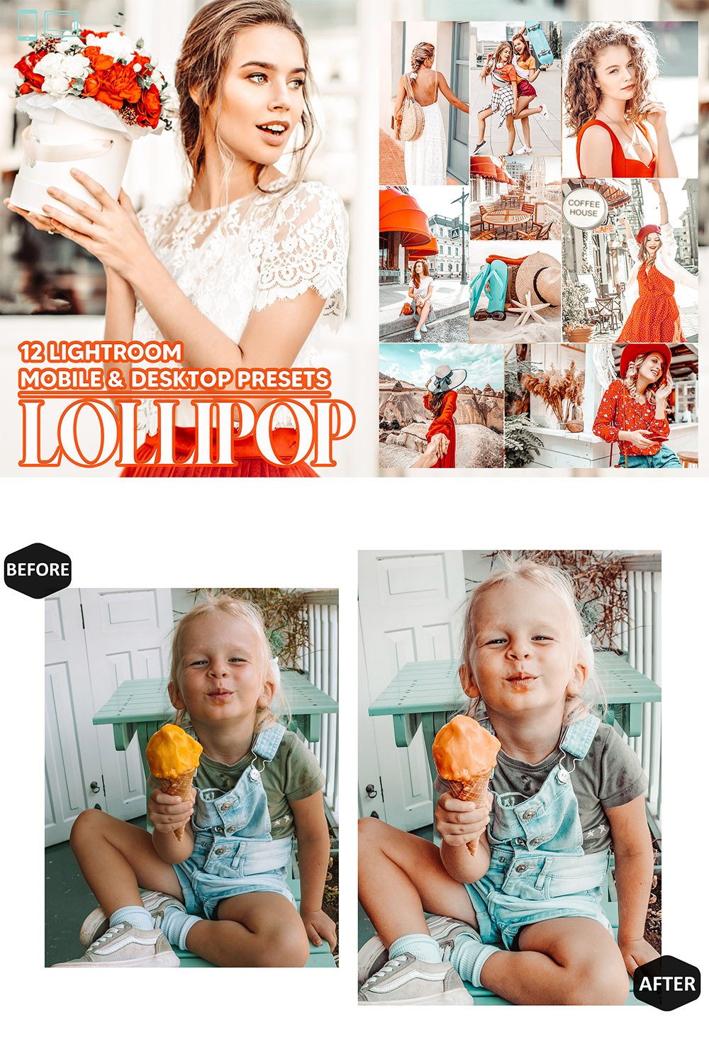 12 Lollipop Lightroom Presets, Bright Summer Mobile Preset, Travel Desktop LR Filter Lifestyle Theme For Blogger Portrait Instagram pinterest preview image.